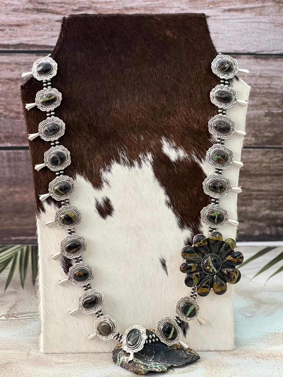 Handmade Sterling Silver Beaded Blackjack Turquoise Necklace "Signed Nizhoni"