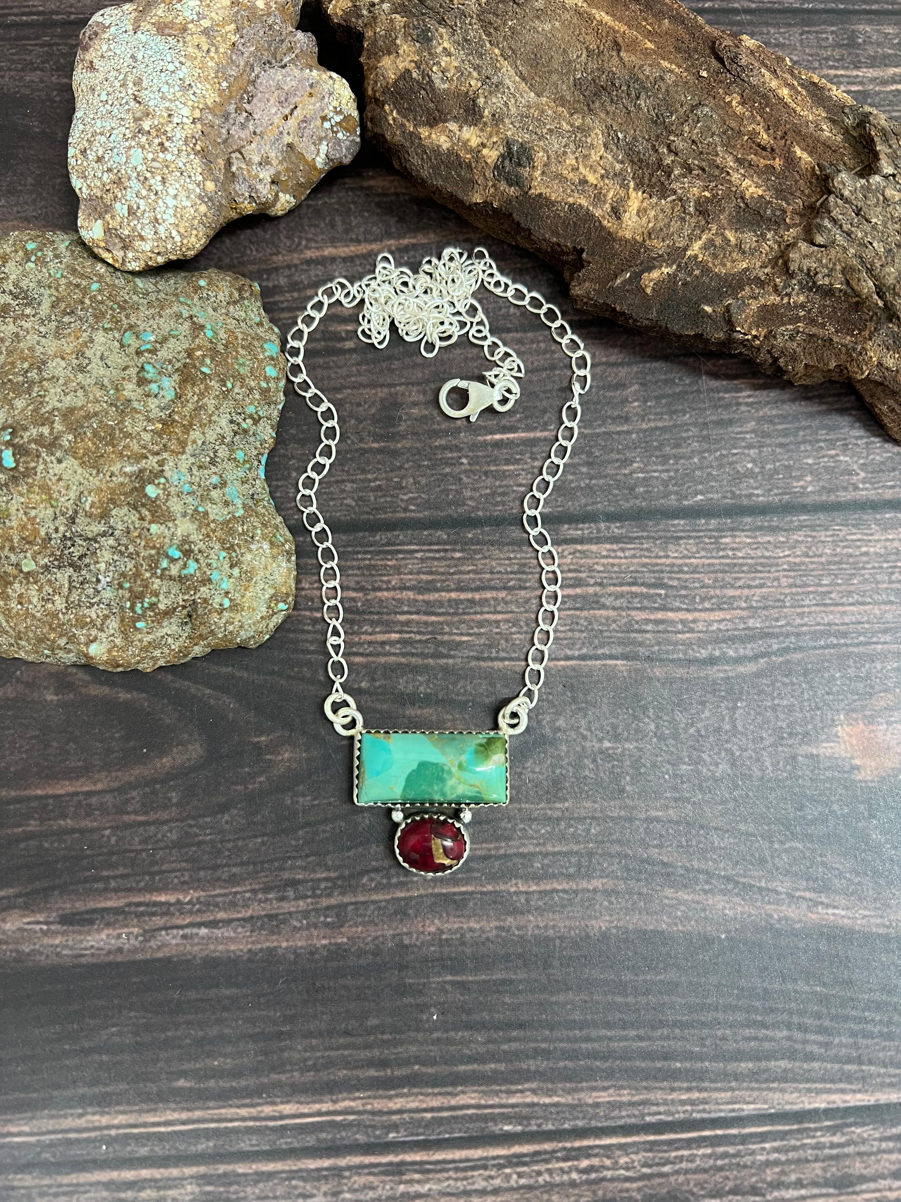 Handmade Sterling Silver Kingman with Dahlia Rose Necklace with Signed Nizhoni