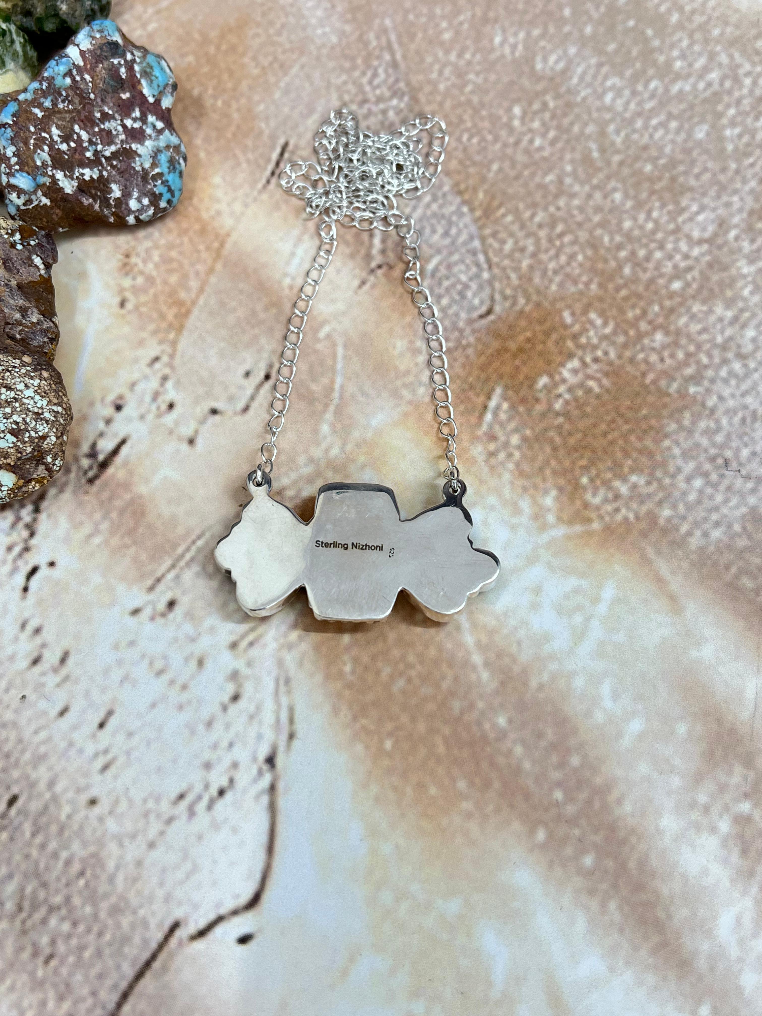 Handmade Sterling Silver Honey Dahlia with Kingman Turquoise Necklace, Signed Nizhoni