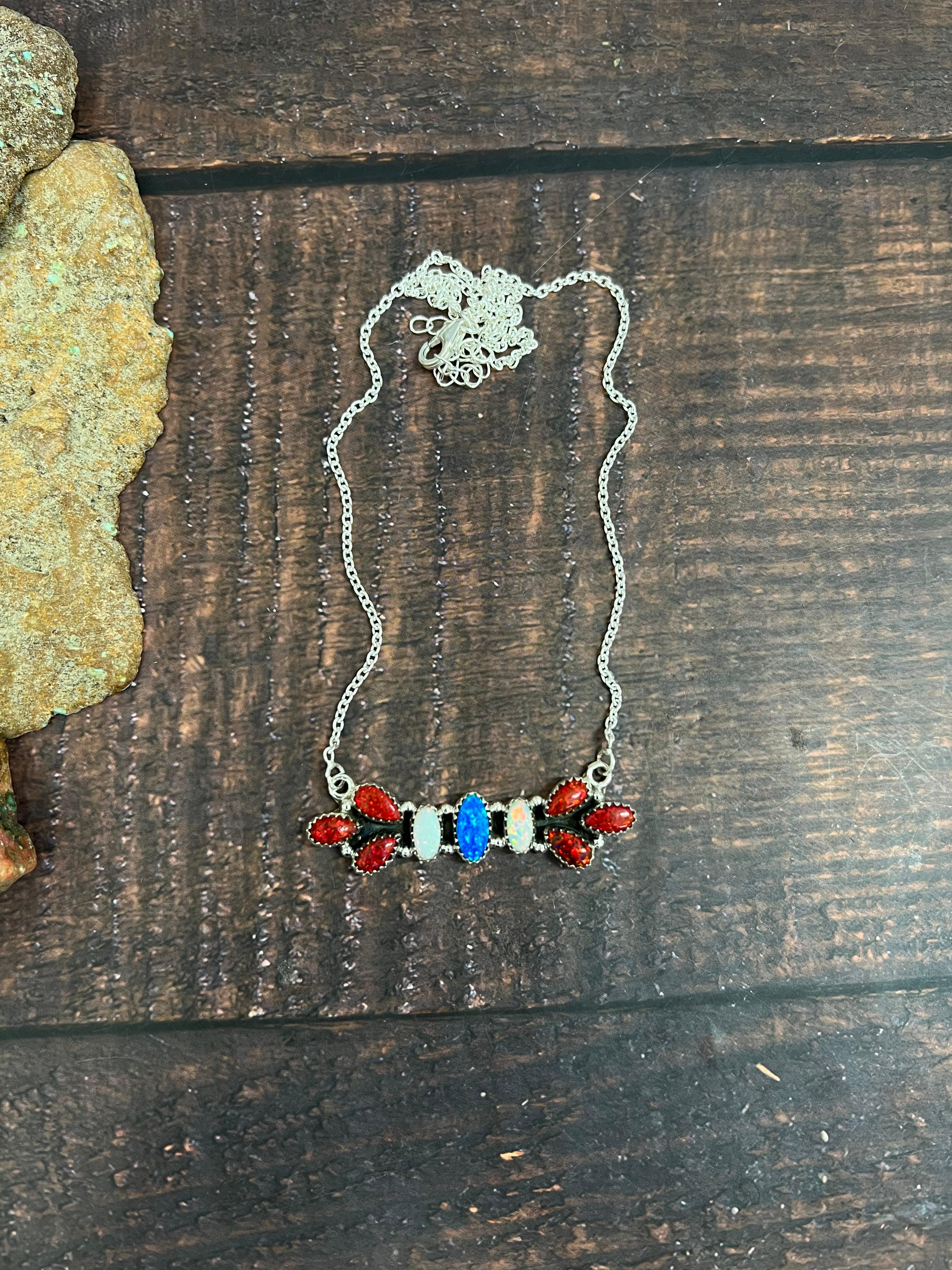** 4TH OF JULY ** Handmade Sterling Silver Synthetic Opal Necklace with Signed Nizhoni
