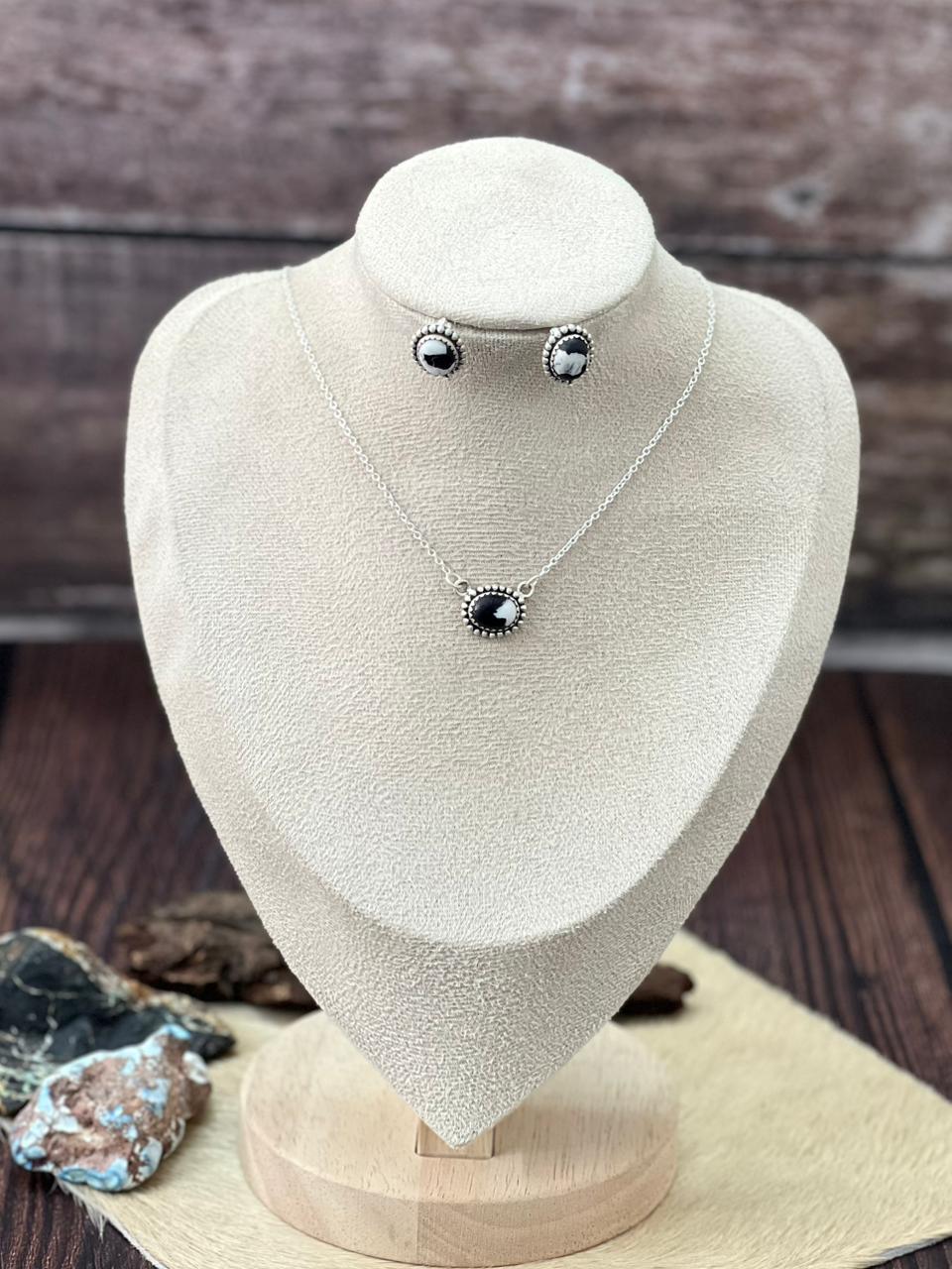 Handmade Sterling Silver White Buffalo Necklace Earrings Set "Signed Nizhoni"