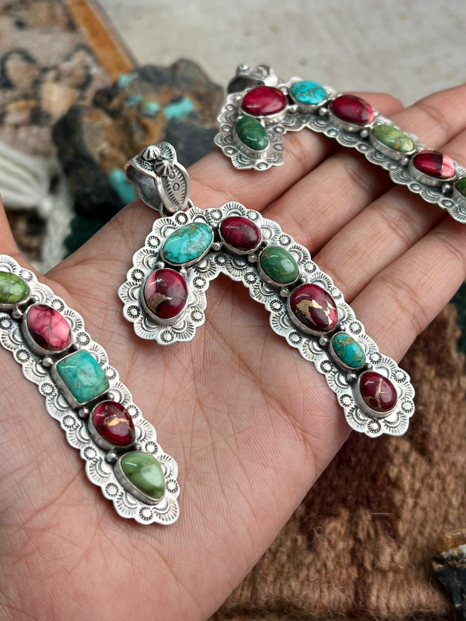 Handmade Sterling Silver Dahlia Rose with Emerald Valley Turquoise Pendant "Signed Nizhoni"