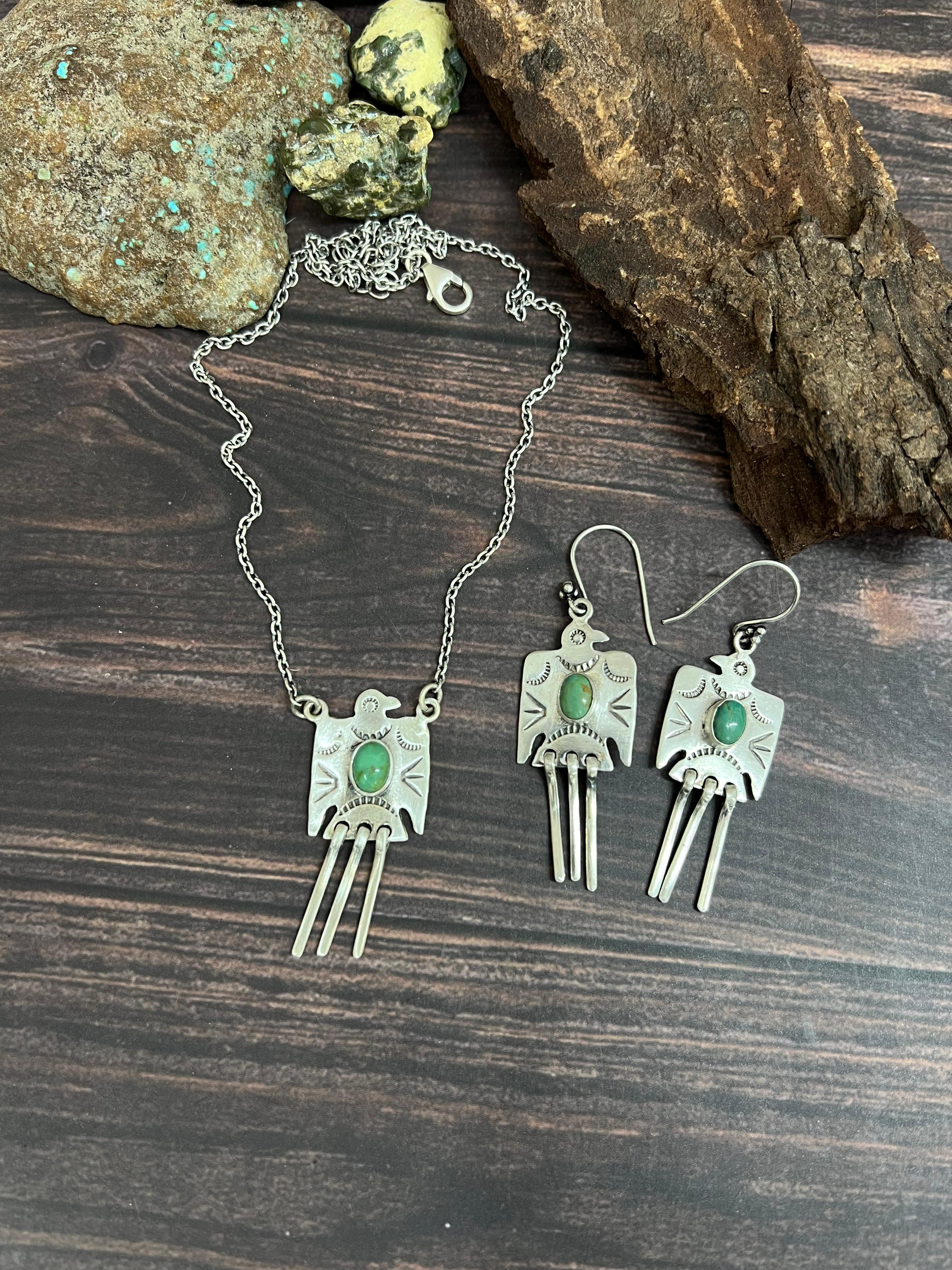 Handmade Sterling Silver Kingman Turquoise Necklace Earrings Set with Signed Nizhoni