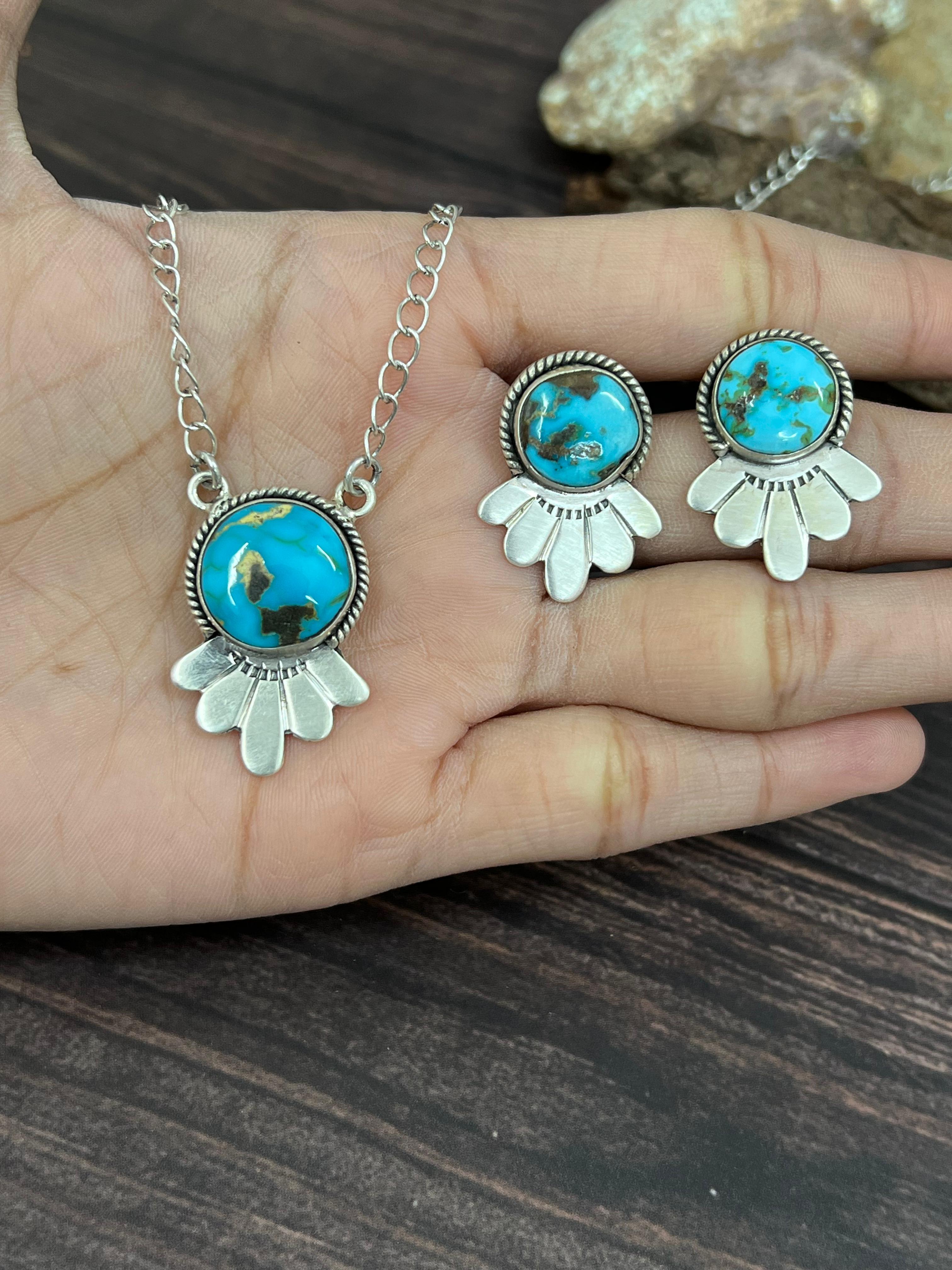 Handmade Sterling Silver South Hill Turquoise Necklace Earrings Set with Signed Nizhoni