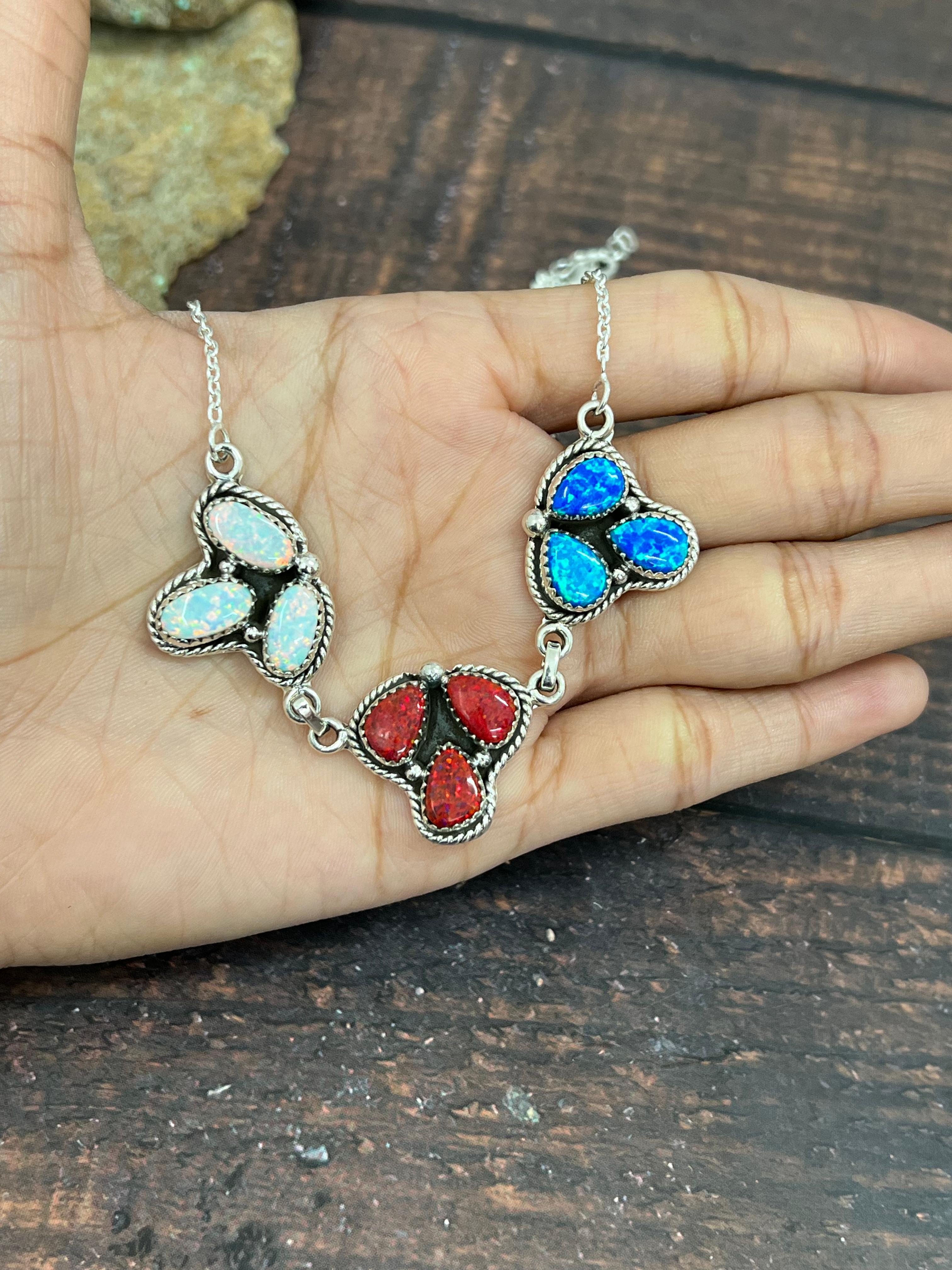 ** 4TH OF JULY ** Handmade Sterling Silver Synthetic Opal Necklace with Signed Nizhoni