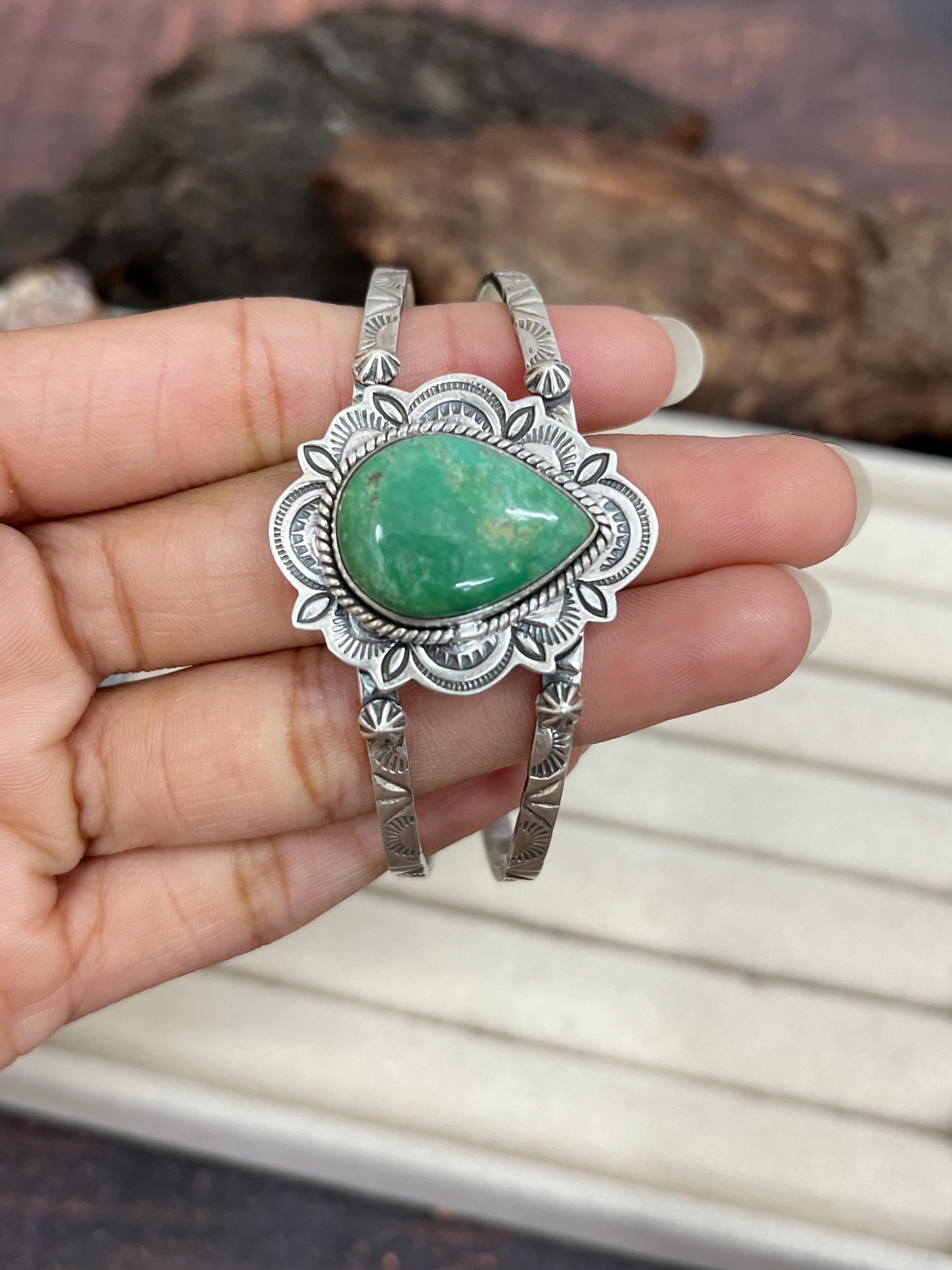 Handmade Sterling Silver Mantis Turquoise Cuff Bracelet Signed Nizhoni