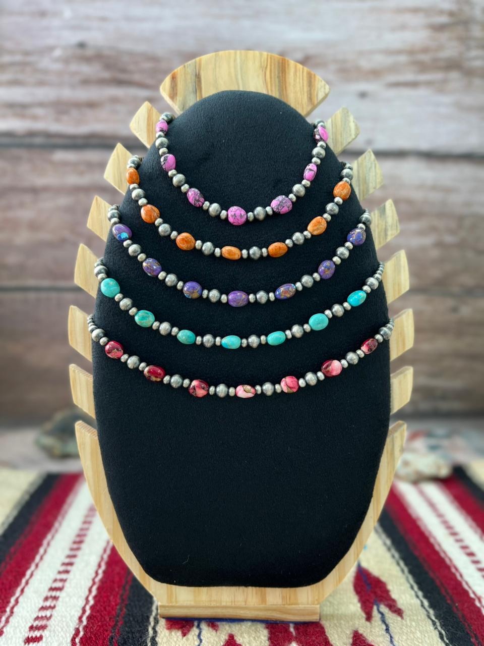 Handmade Sterling Silver Multistone Beaded Necklace "Signed Nizhoni"