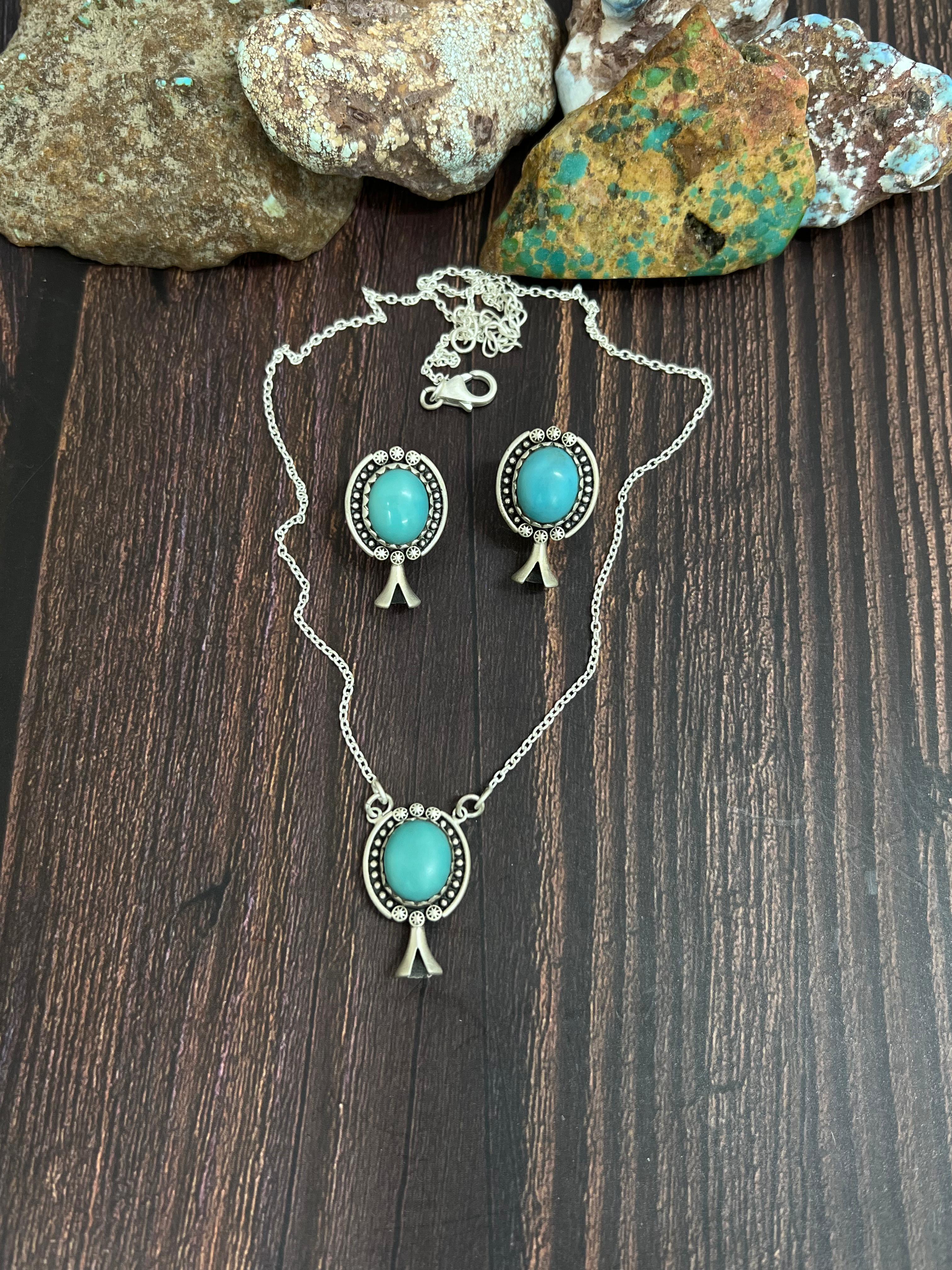 Handmade Sterling Silver Kingman Turquoise Necklace Earrings Set with Signed Nizhoni
