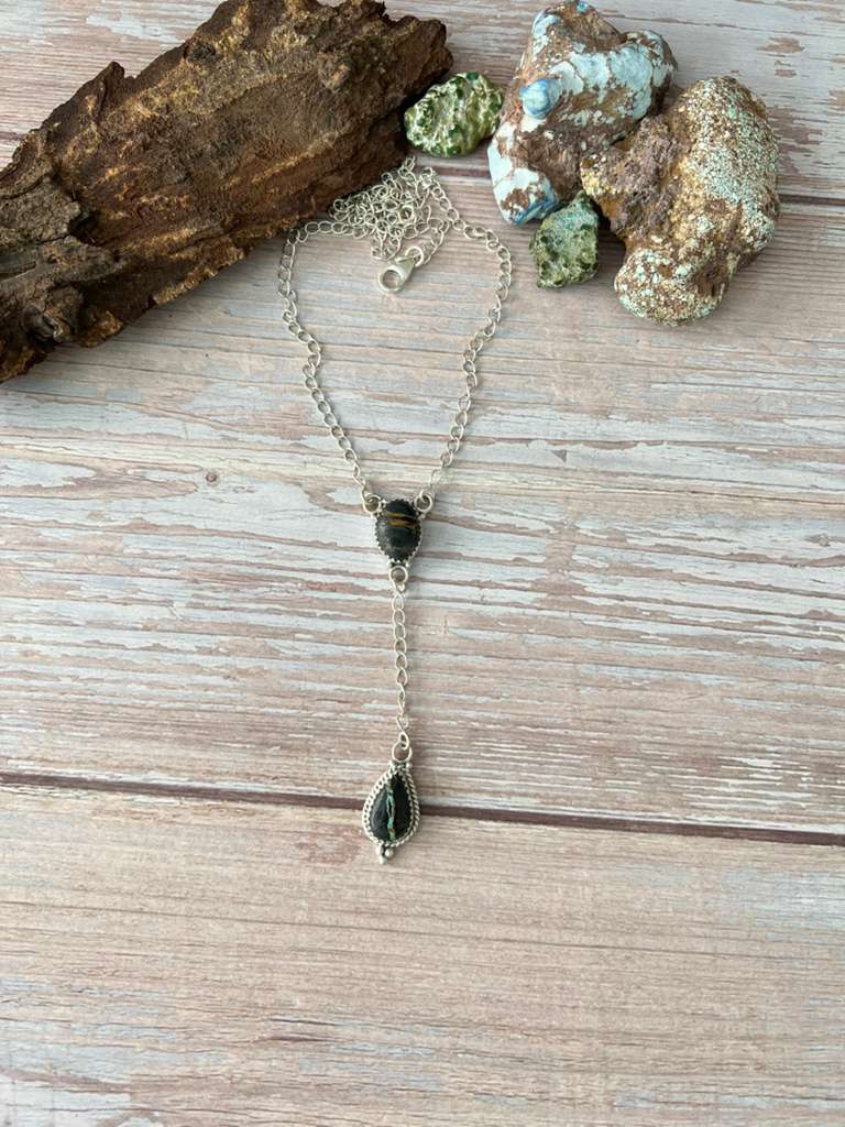 Handmade Sterling Silver Blackjack Turquoise Lariat Necklace with Signed Nizhoni