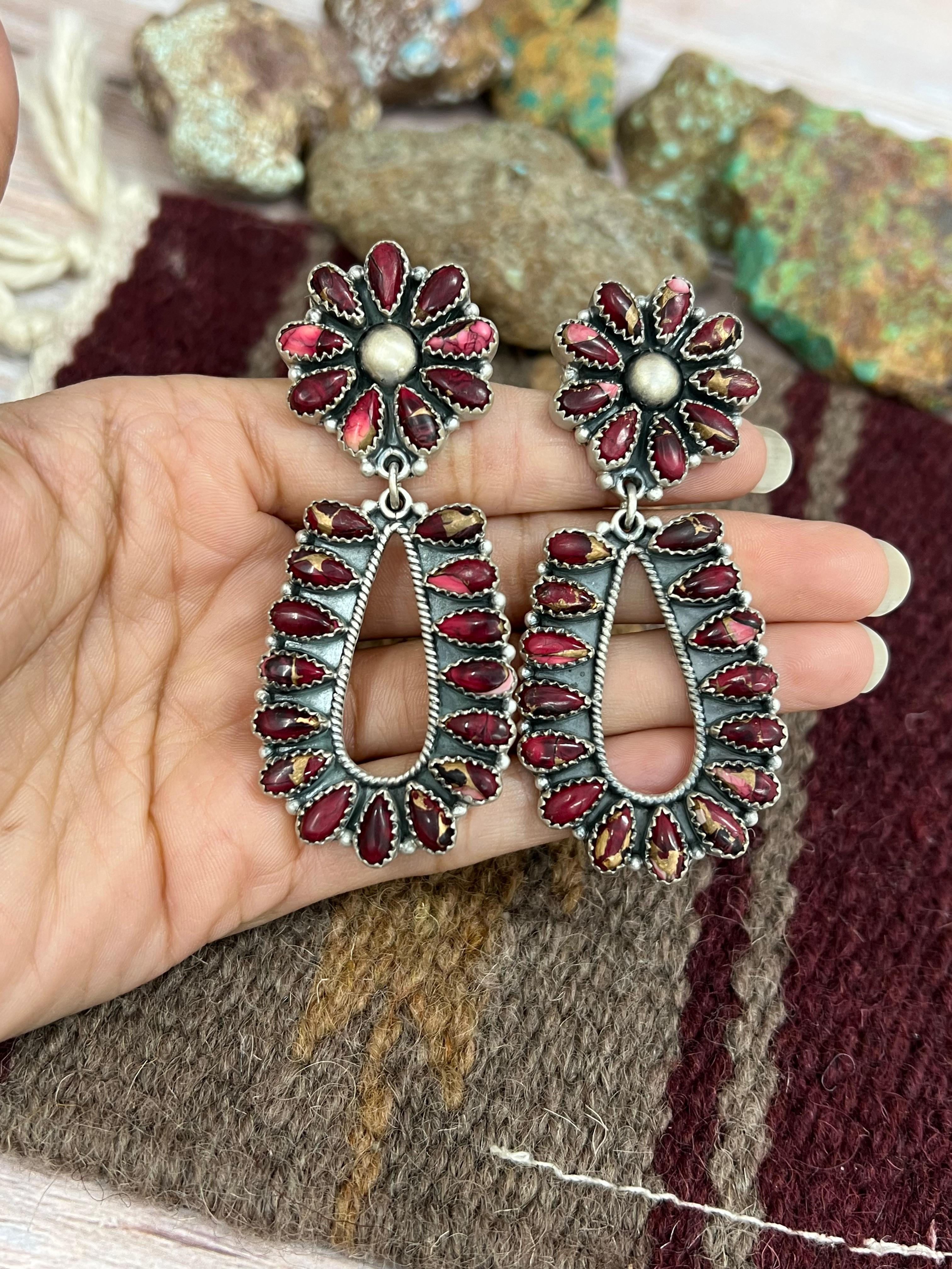 Handmade Sterling Silver White Buffalo, Dahlia Rose, Cotton Candy Turquoise Dangle Earrings, Signed Nizhoni