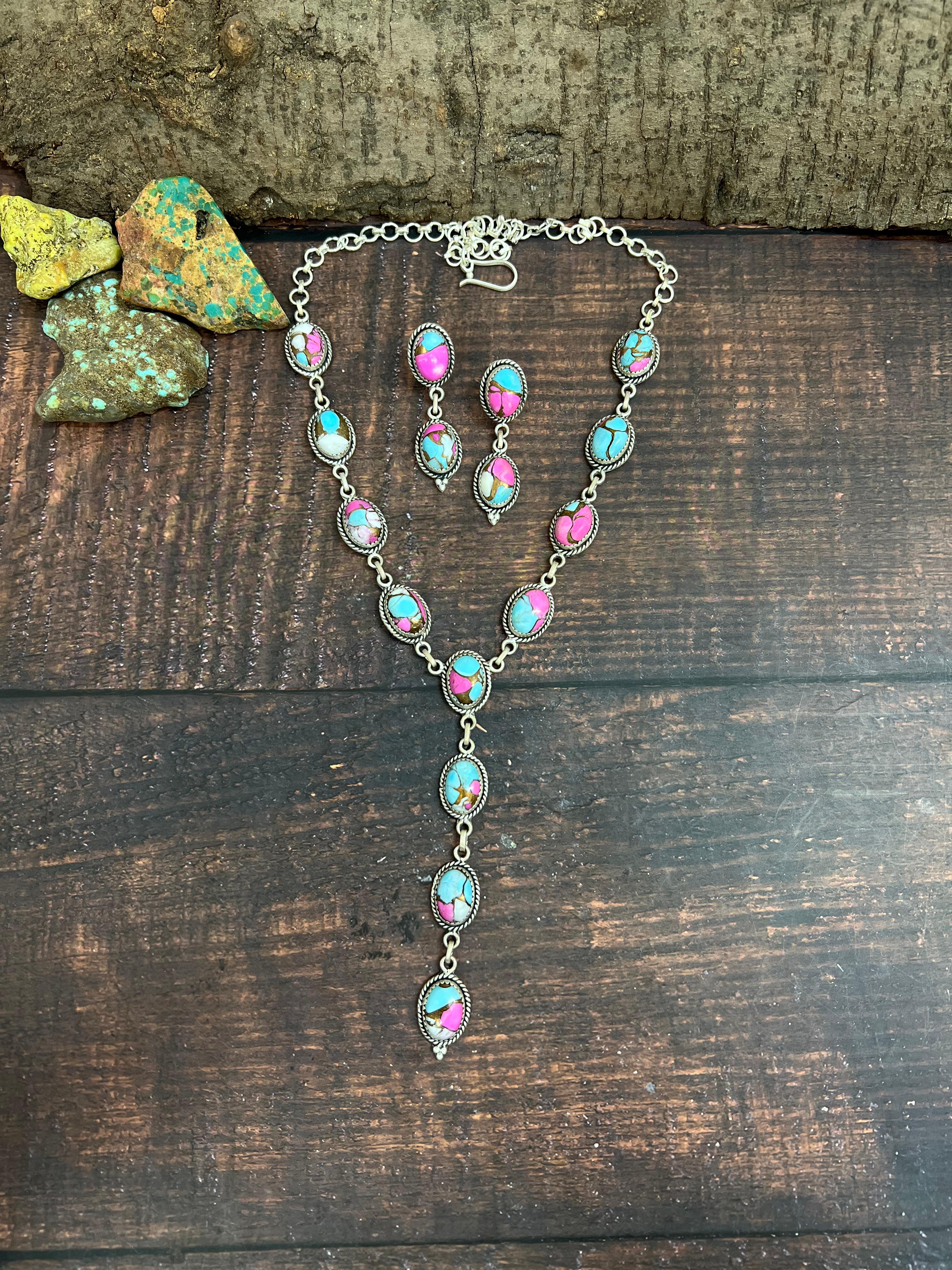 Handmade Sterling Silver Cotton Candy Turquoise Necklace Earrings Set with Signed Nizhoni