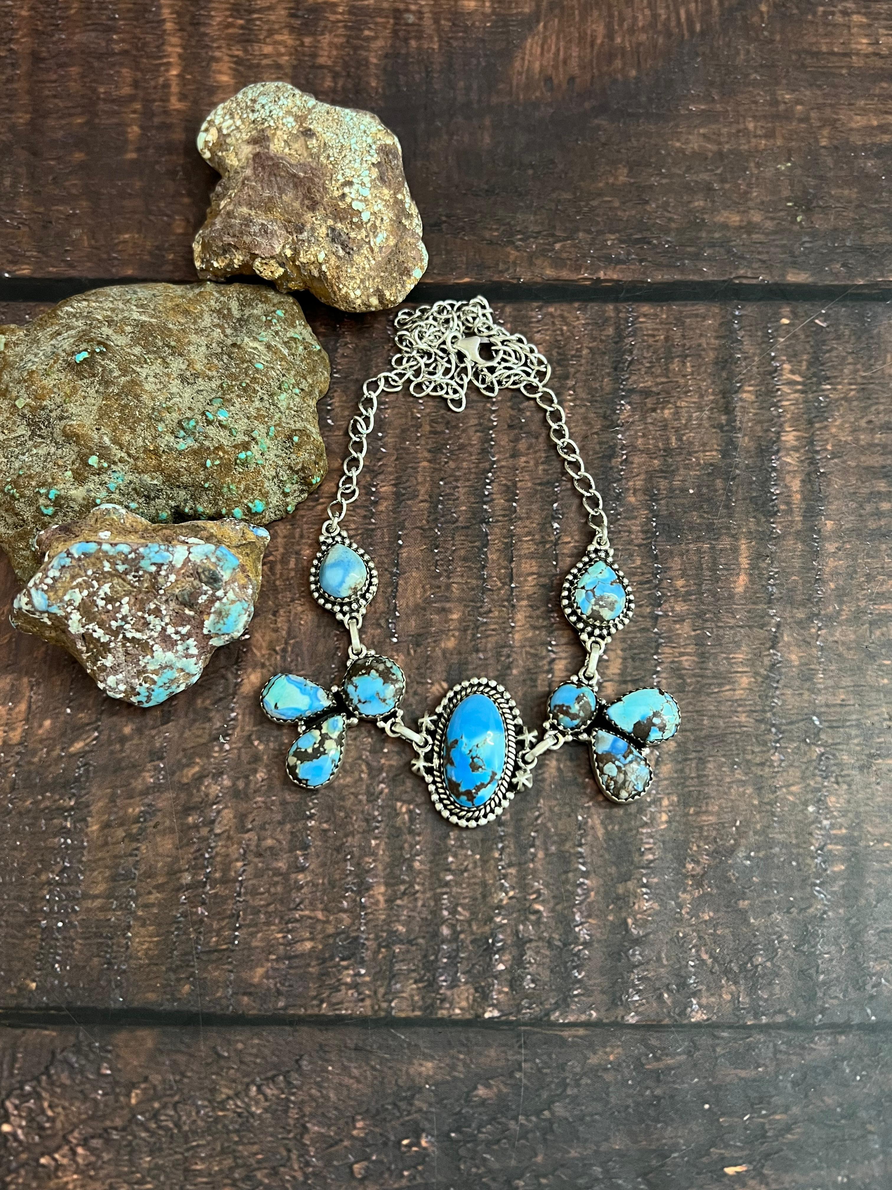 Handmade Sterling Silver Golden Hills Turquoise Necklace with Signed Nizhoni