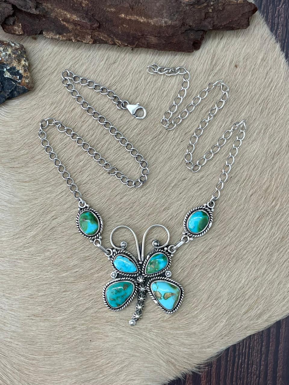 Handmade Sterling Silver Sonoran Mountain Turquoise Butterfly Necklace "Signed Nizhoni"