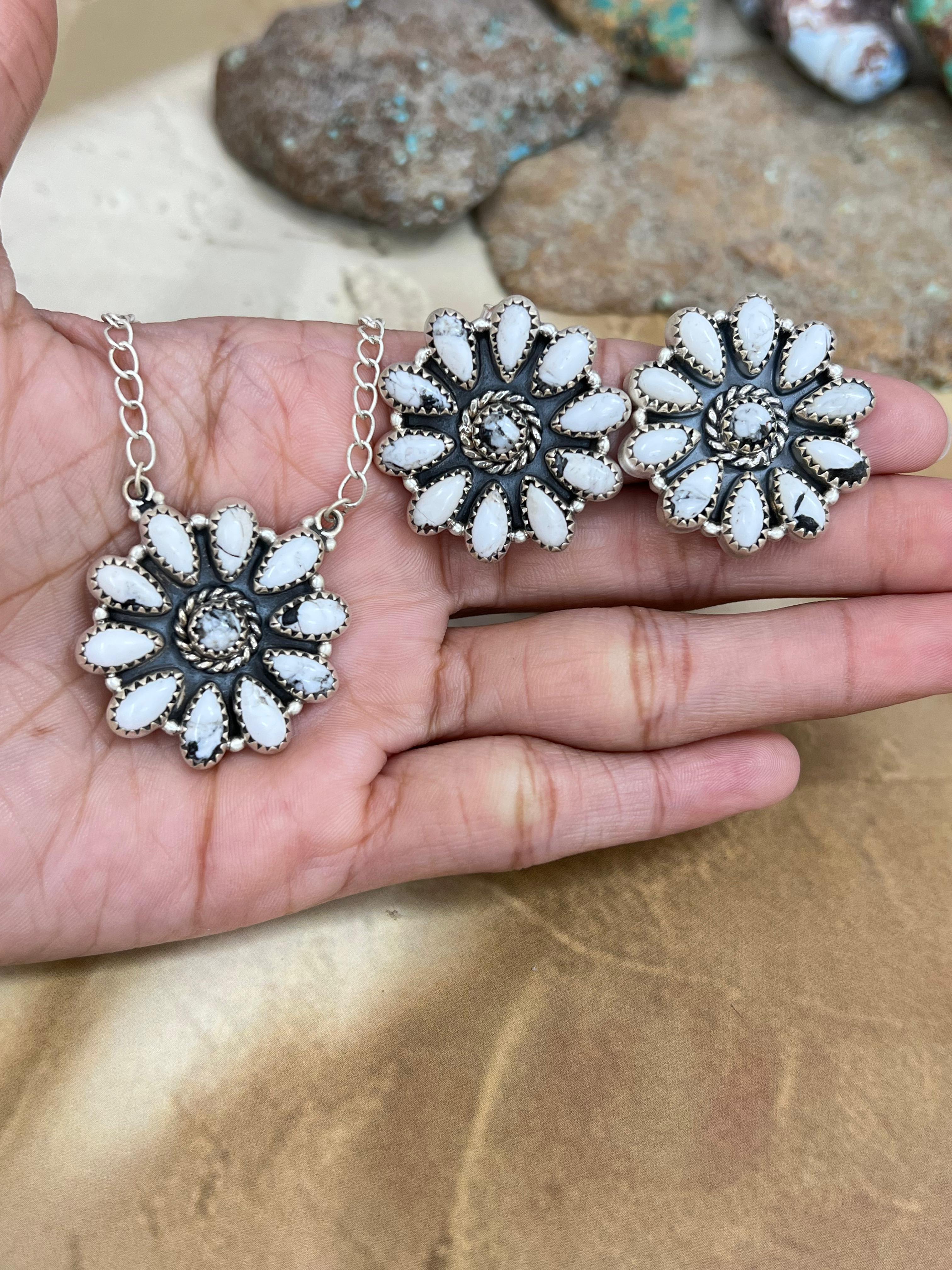 Handmade Sterling Silver Multi Stone Necklace Earrings Set, Signed Nizhoni