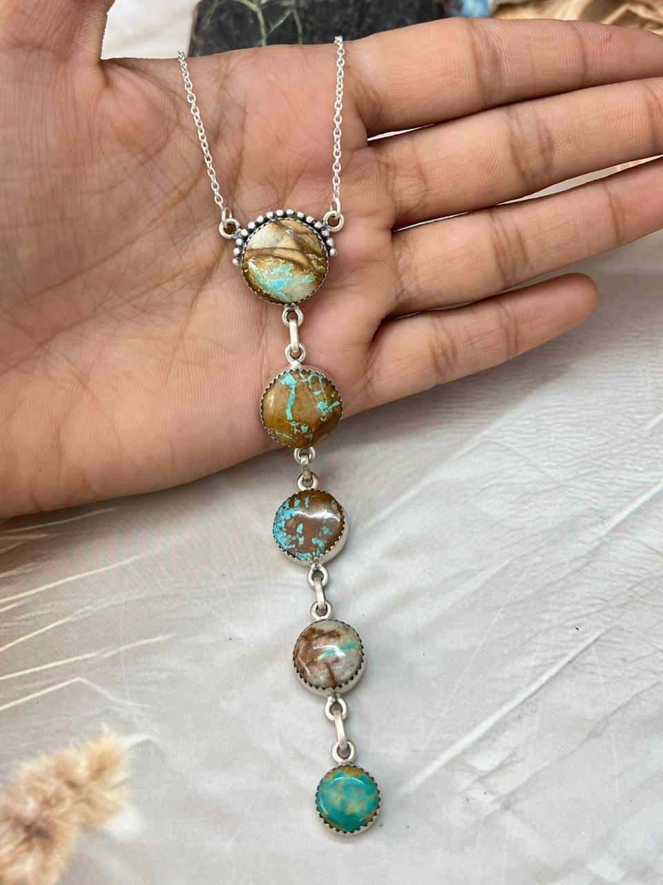 Handmade Sterling Silver Royston Ribbon Turquoise Drop Necklace "Signed Nizhoni"