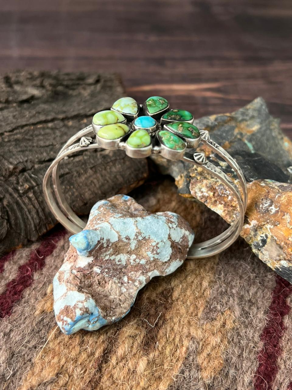 Handmade Sterling Silver Palomino with Sonoran and White Water Turquoise Cuff Bracelet "Signed Nizhoni"
