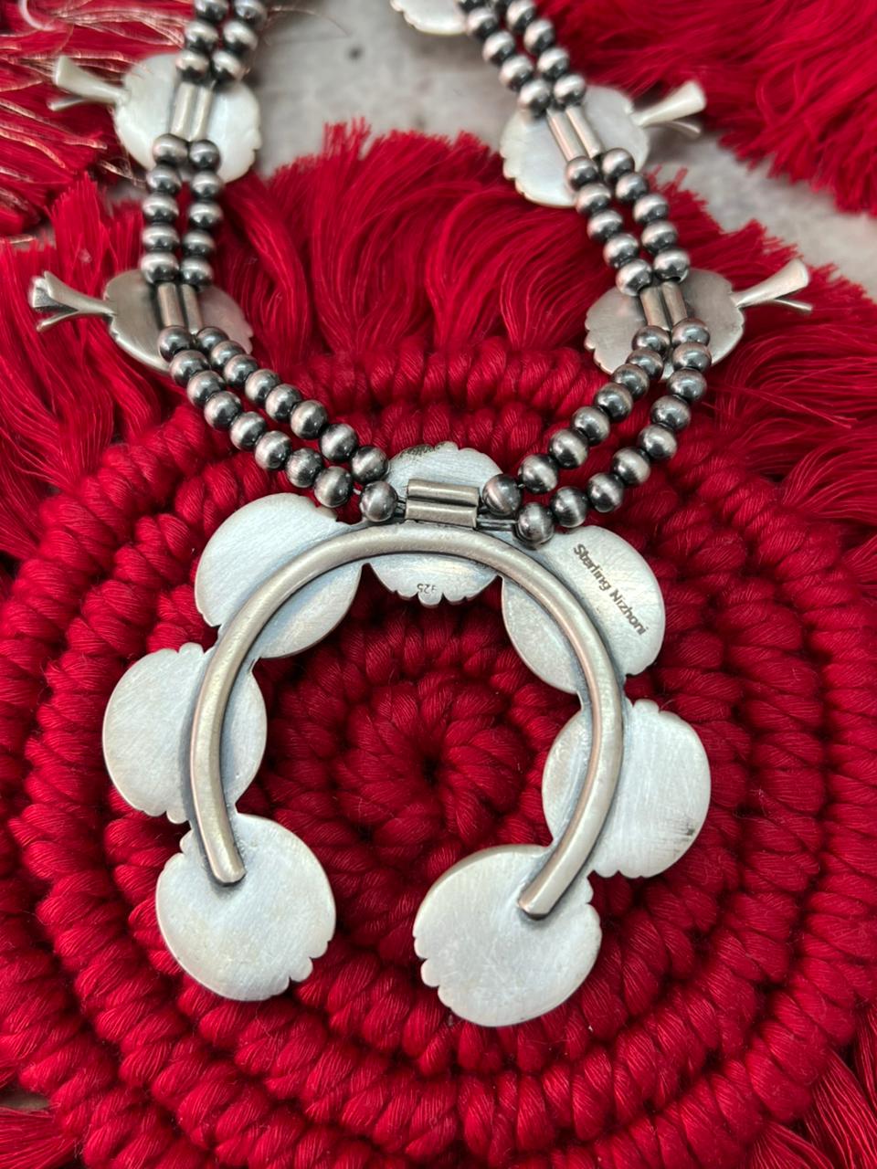 Handmade Sterling Silver Kingman Turquoise Squash Blossom Beaded Necklace "Signed Nizhoni"