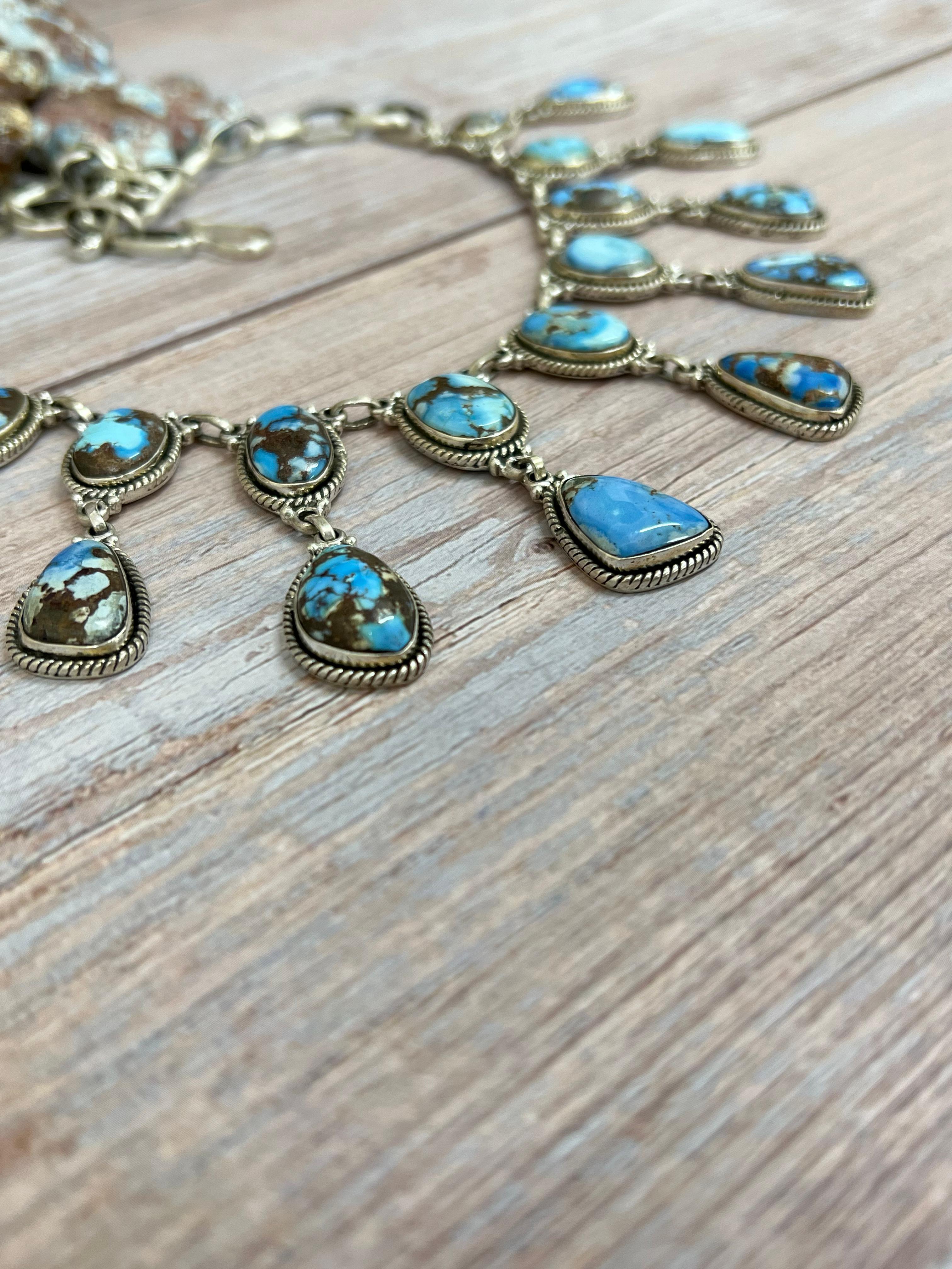 Handmade Sterling Silver Golden Hills Turquoise Necklace with Signed Nizhoni