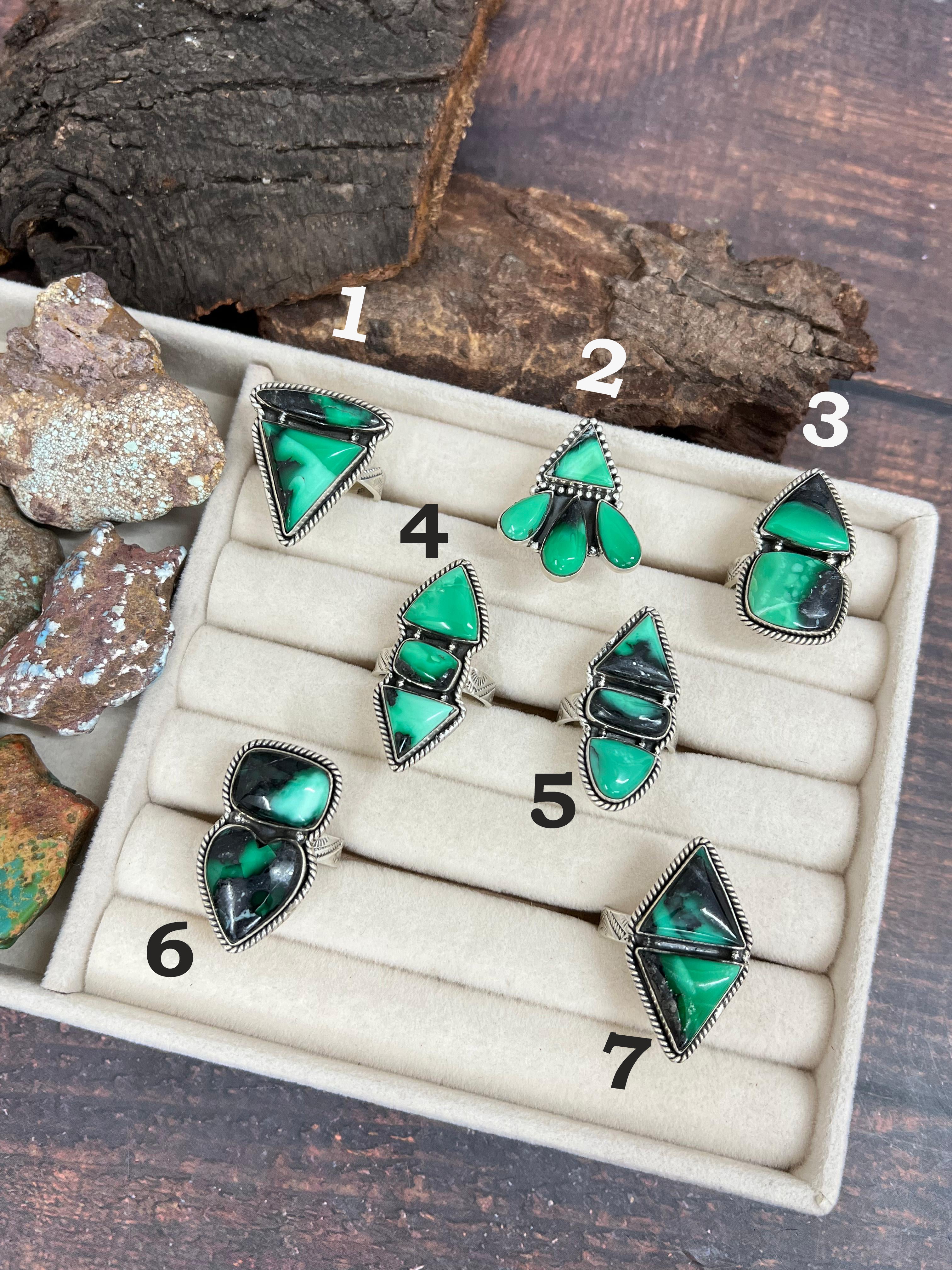 Handmade Sterling Silver Emerald Rose Variscite Adjustable Ring Signed Nizhoni