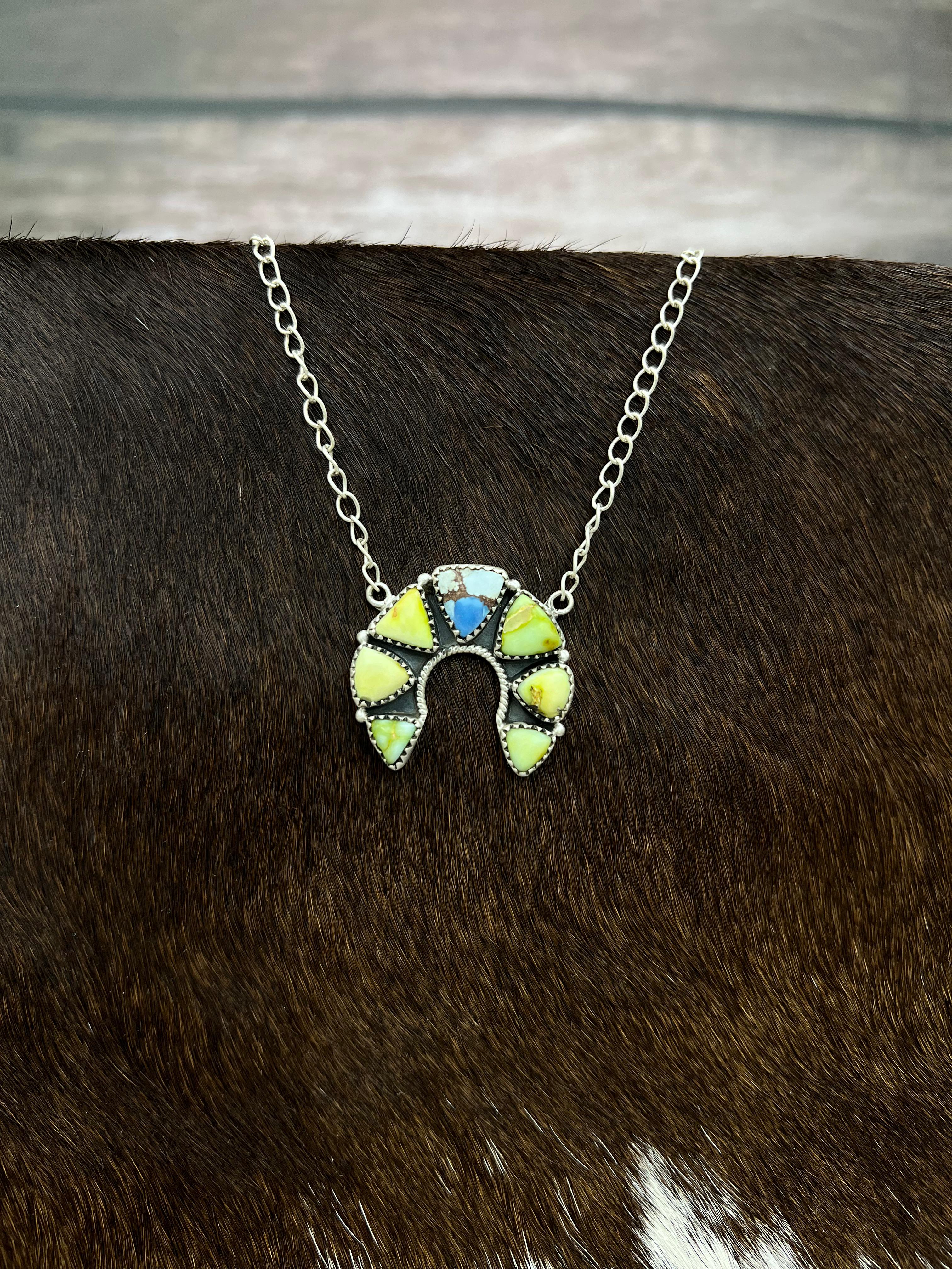 Handmade Sterling Silver Palomino, Golden Hills Turquoise Naja Necklace with Signed Nizhoni