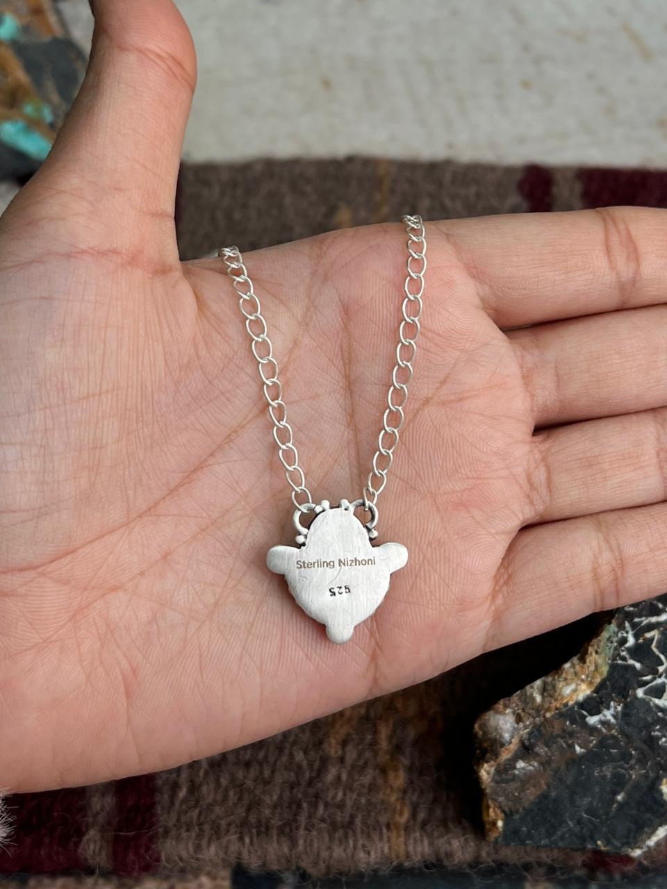 Handmade Sterling Silver Number 8 Turquoise Necklace "Signed Nizhoni"