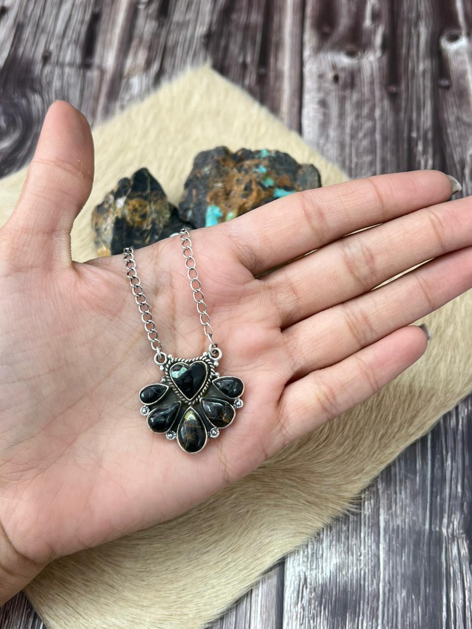 Handmade Sterling Silver Blackjack Turquoise Necklace "Signed Nizhoni"