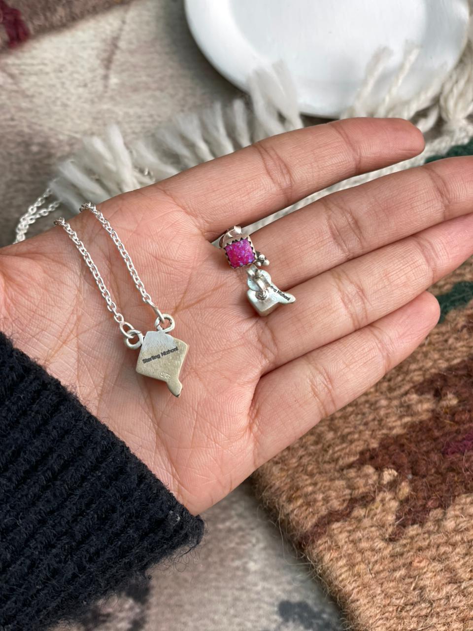 Handmade Sterling Silver Hot Pink Necklace Earrings Set "Signed Nizhoni"