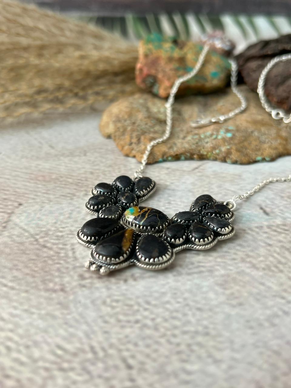 Handmade Sterling Silver Blackjack Turquoise Necklace "Signed Nizhoni"