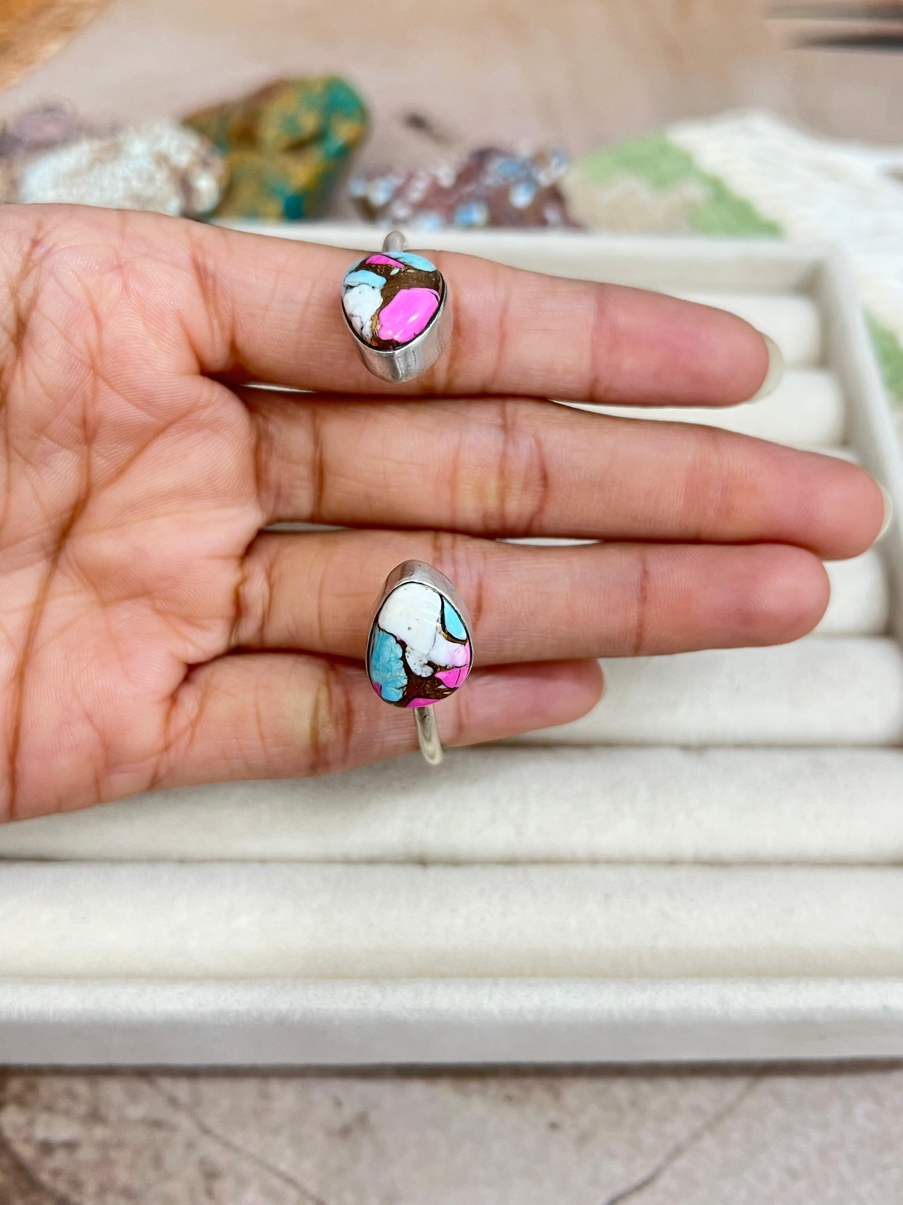Handmade Sterling Silver Peacock Dahlia, Cotton Candy Turquoise, Dahlia Rose Cuff Bracelet with Signed Nizhoni