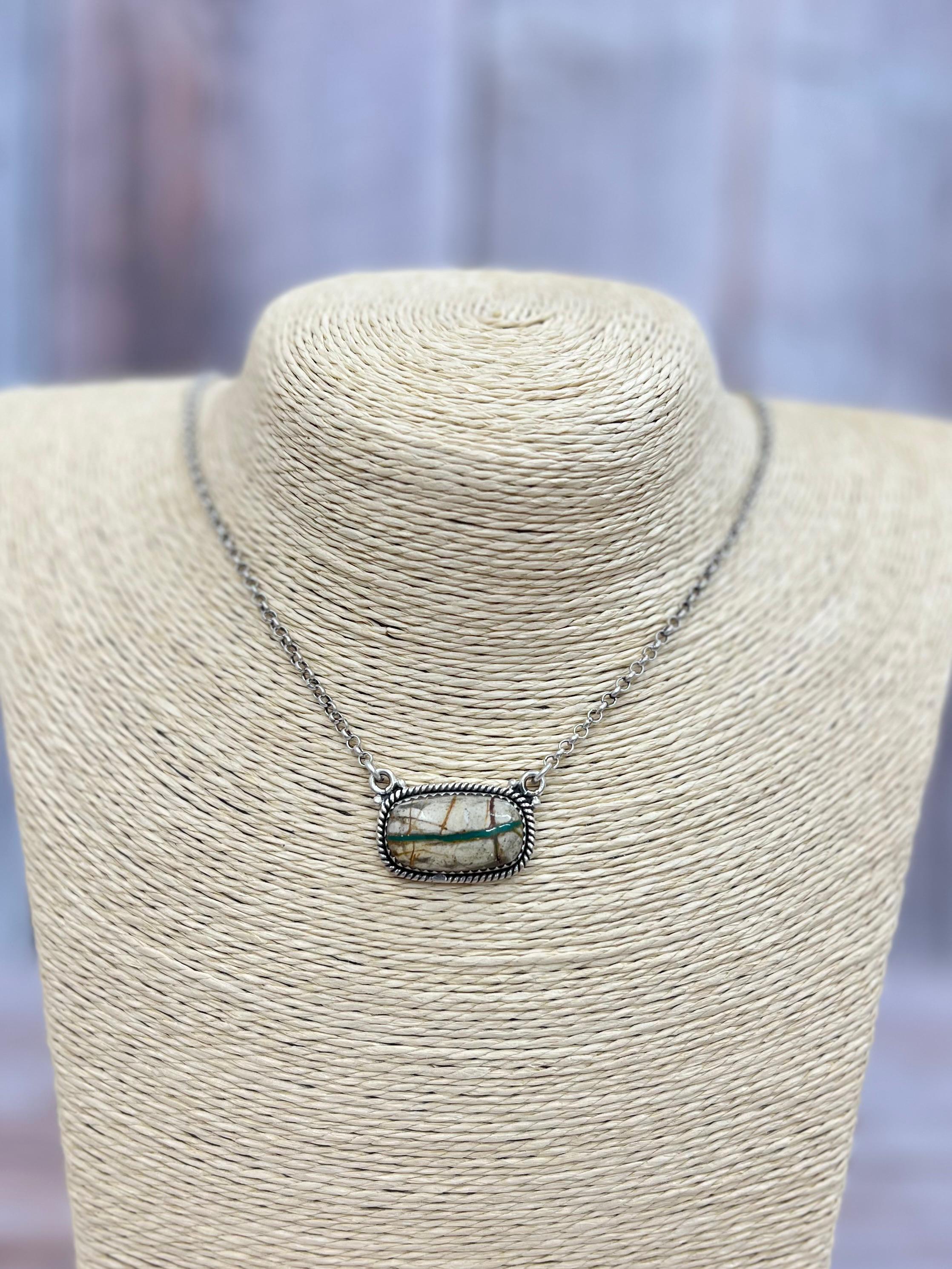 Handmade Sterling Silver Ribbon Royston Necklace with Signed Nizhoni