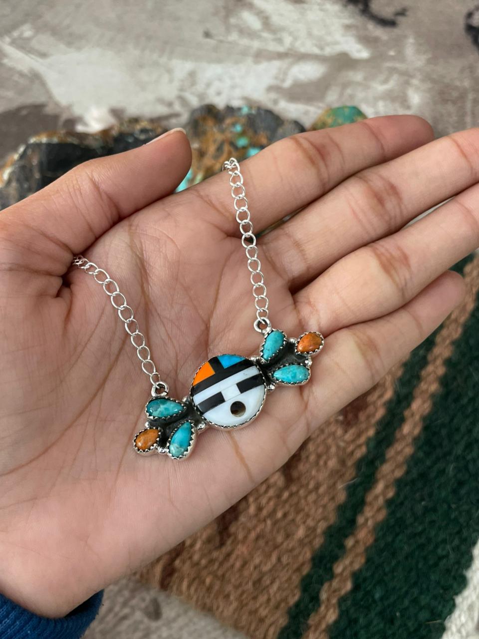 Handmade Sterling Silver Turquoise and MOP Necklace "Signed Nizhoni"