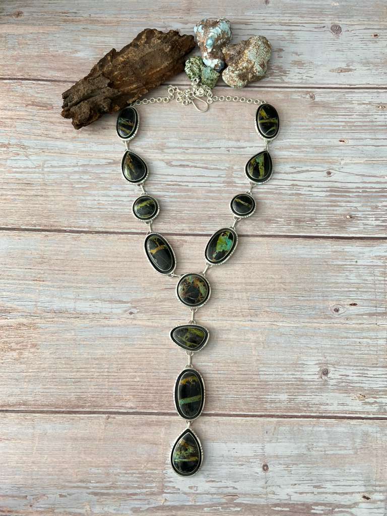 Handmade Sterling Silver Blackjack Turquoise Necklace with Signed Nizhoni