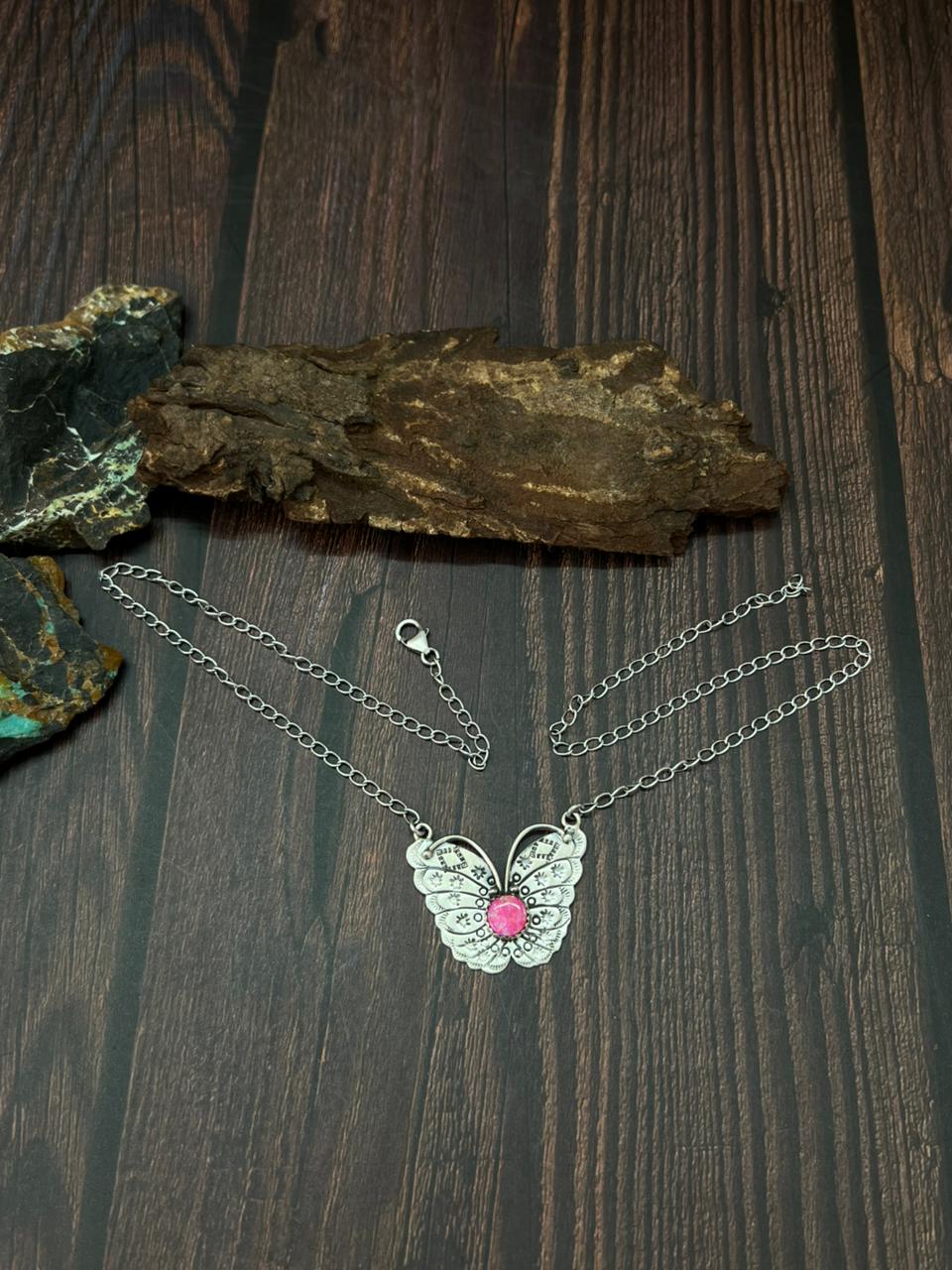 Handmade Sterling Silver Hot Pink Butterfly Necklace "Signed Nizhoni" (9)