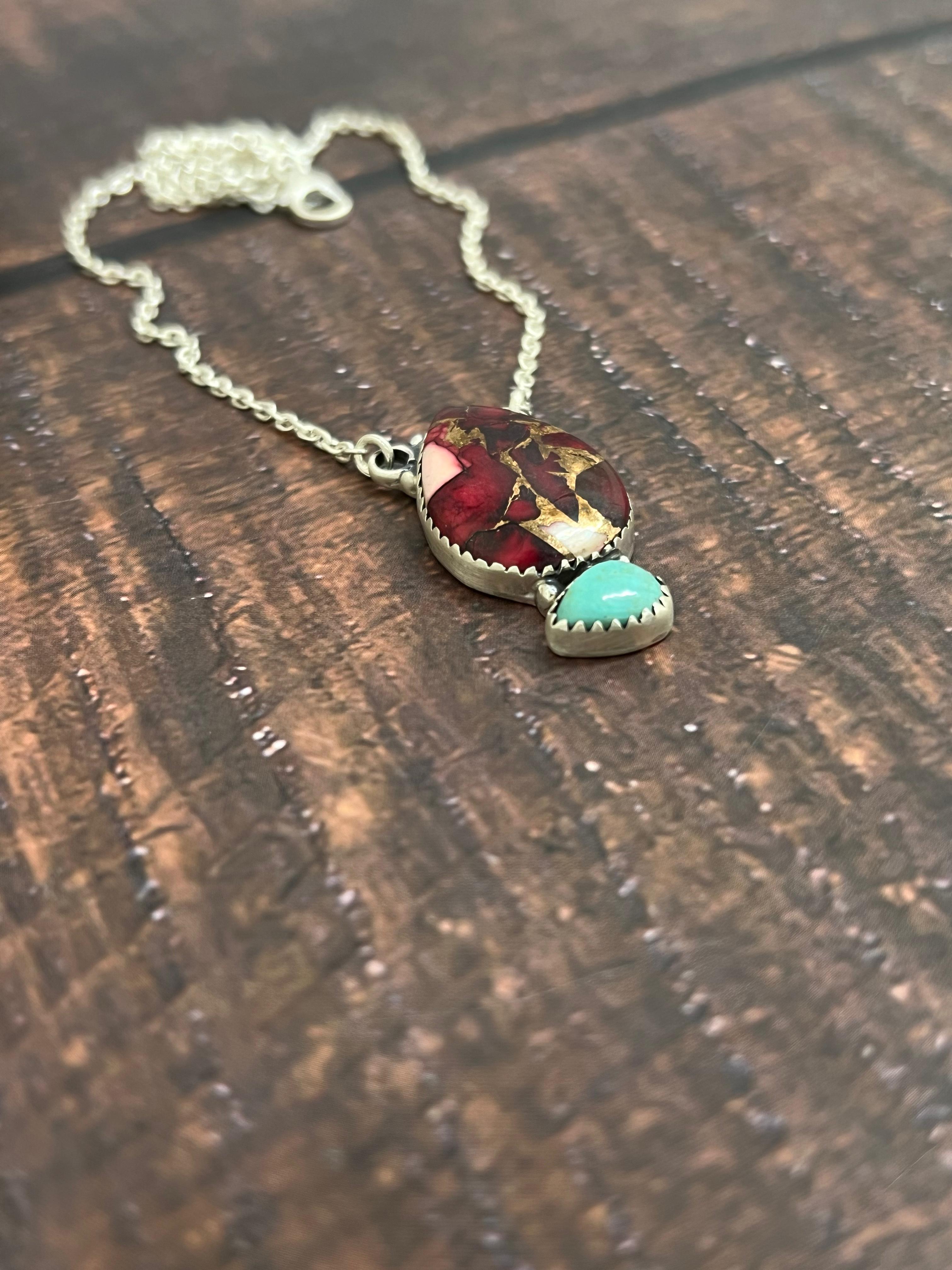 Handmade Sterling Silver Dahlia Rose, Kingman Turquoise Necklace with Signed Nizhoni