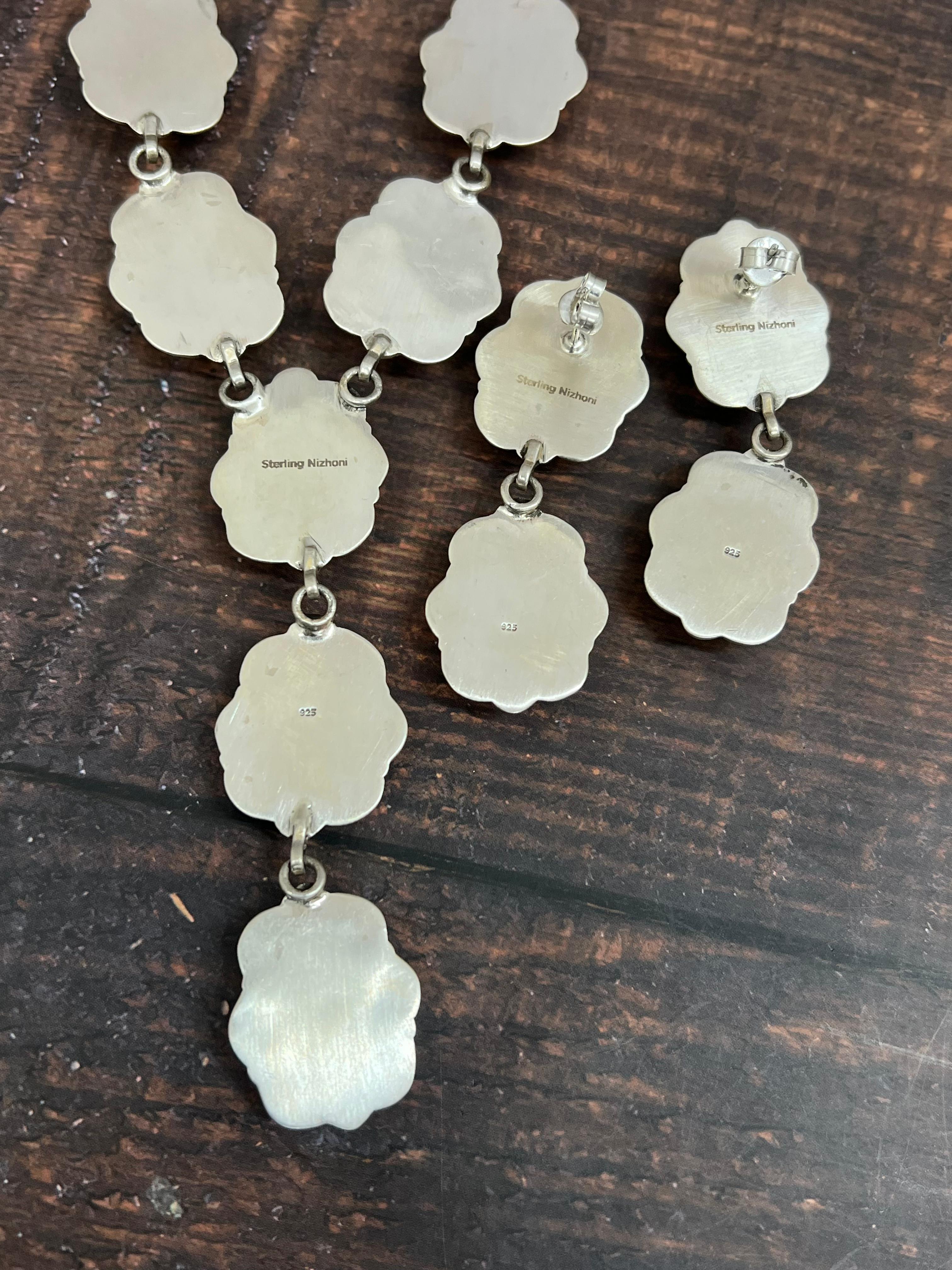 Handmade Sterling Silver Peacock Dahlia Necklace Earrings Set with Signed Nizhoni