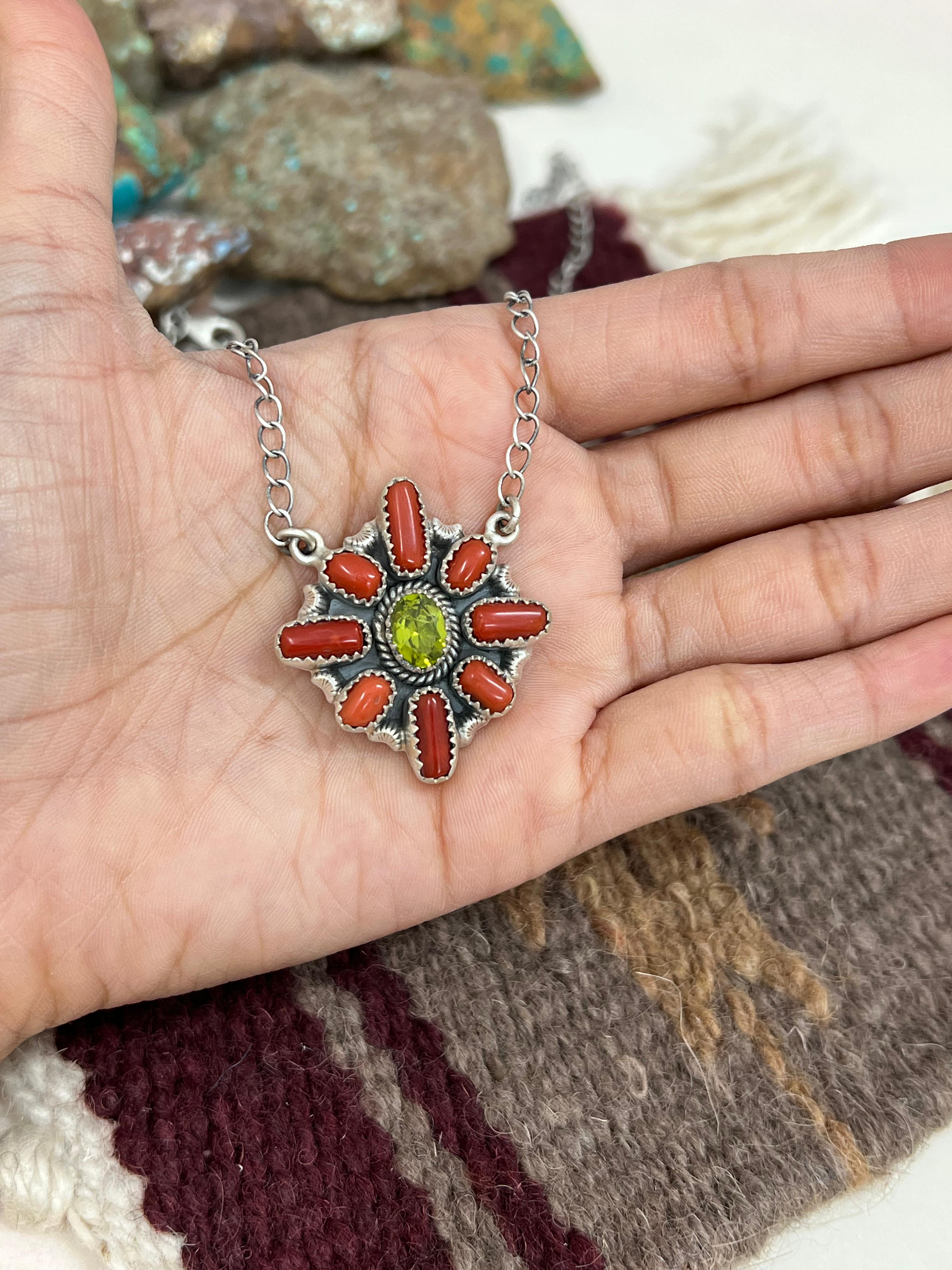 Christmas Collection Handmade Sterling Silver Coral with Peridot Necklace with Signed Nizhoni