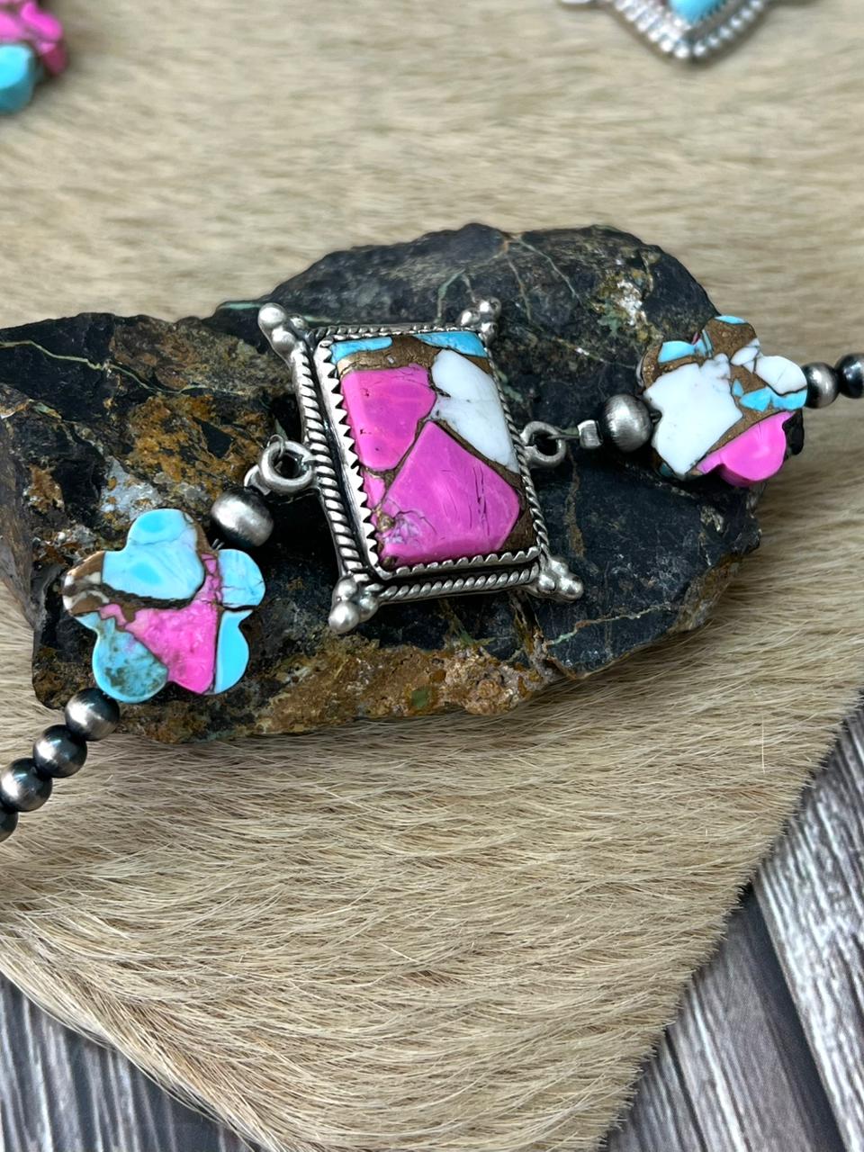 Handmade Sterling Silver Cotton Candy Beaded Chain Bracelet "Signed Nizhoni"