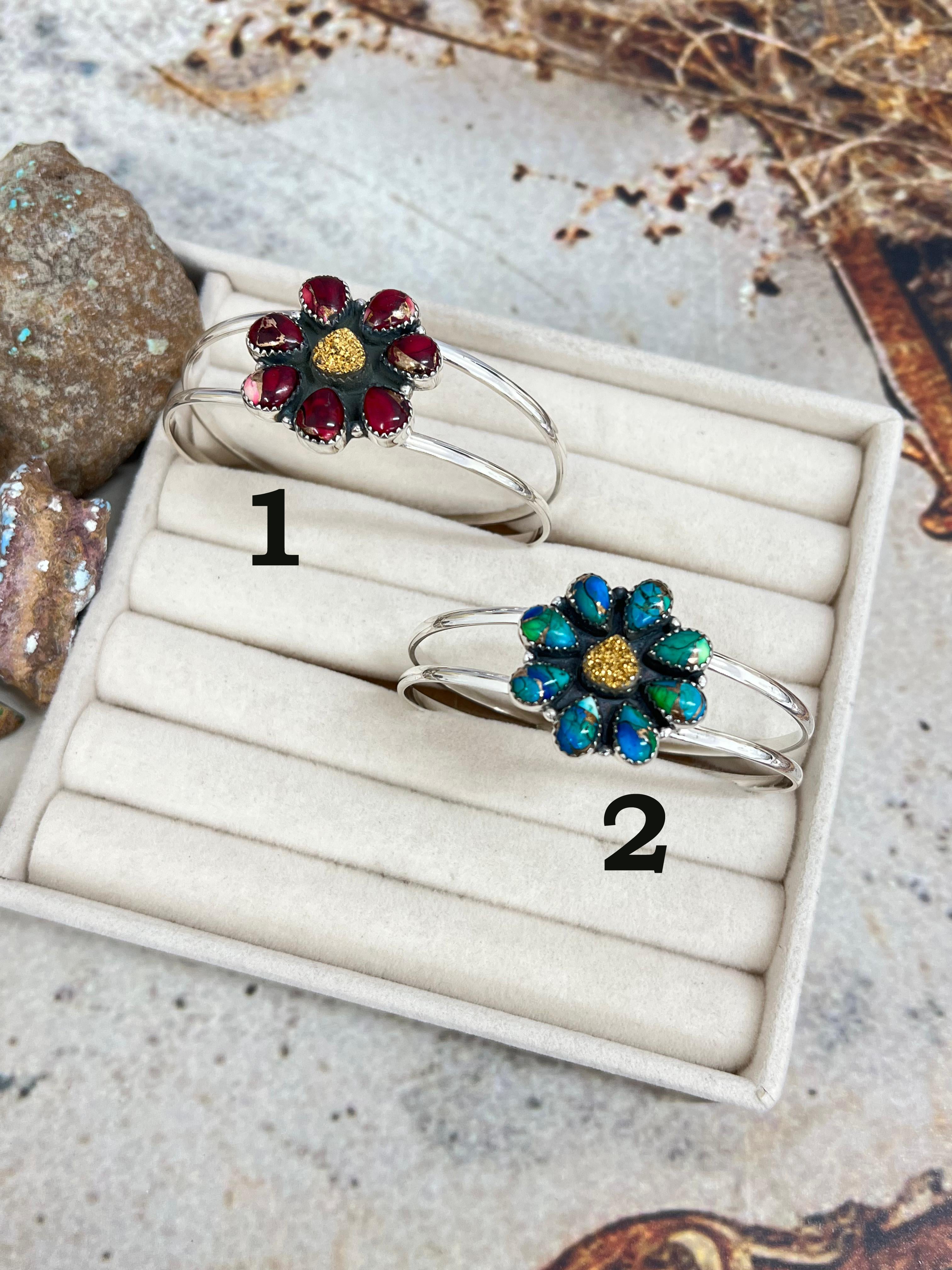 Handmade Sterling Silver Peacock Dahlia with Druzy, Dahlia Rose with Druzy Cuff Bracelet, Signed Nizhoni