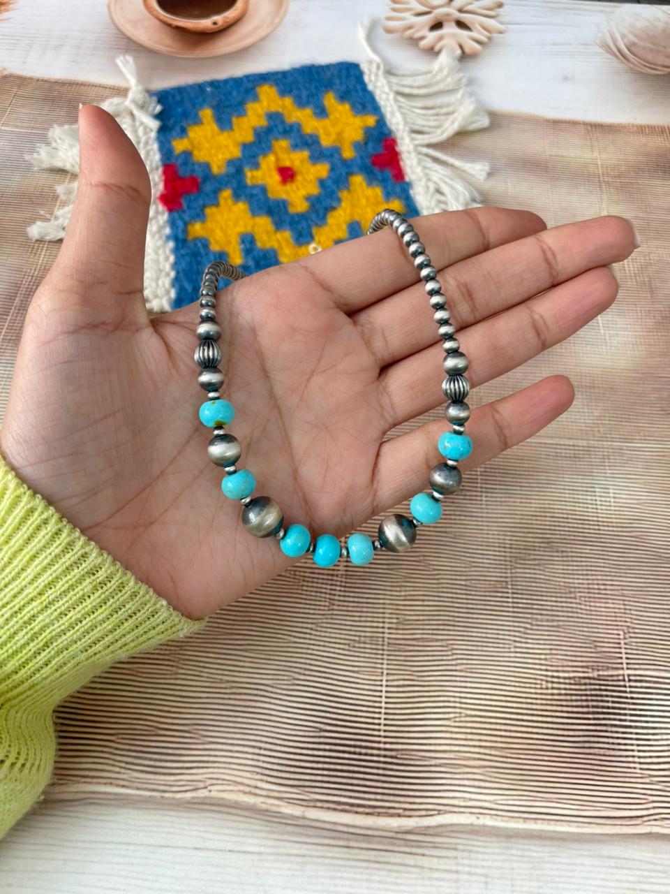 Handmade Sterling Silver Kingman Turquoise Beaded Necklace "Signed Nizhoni"