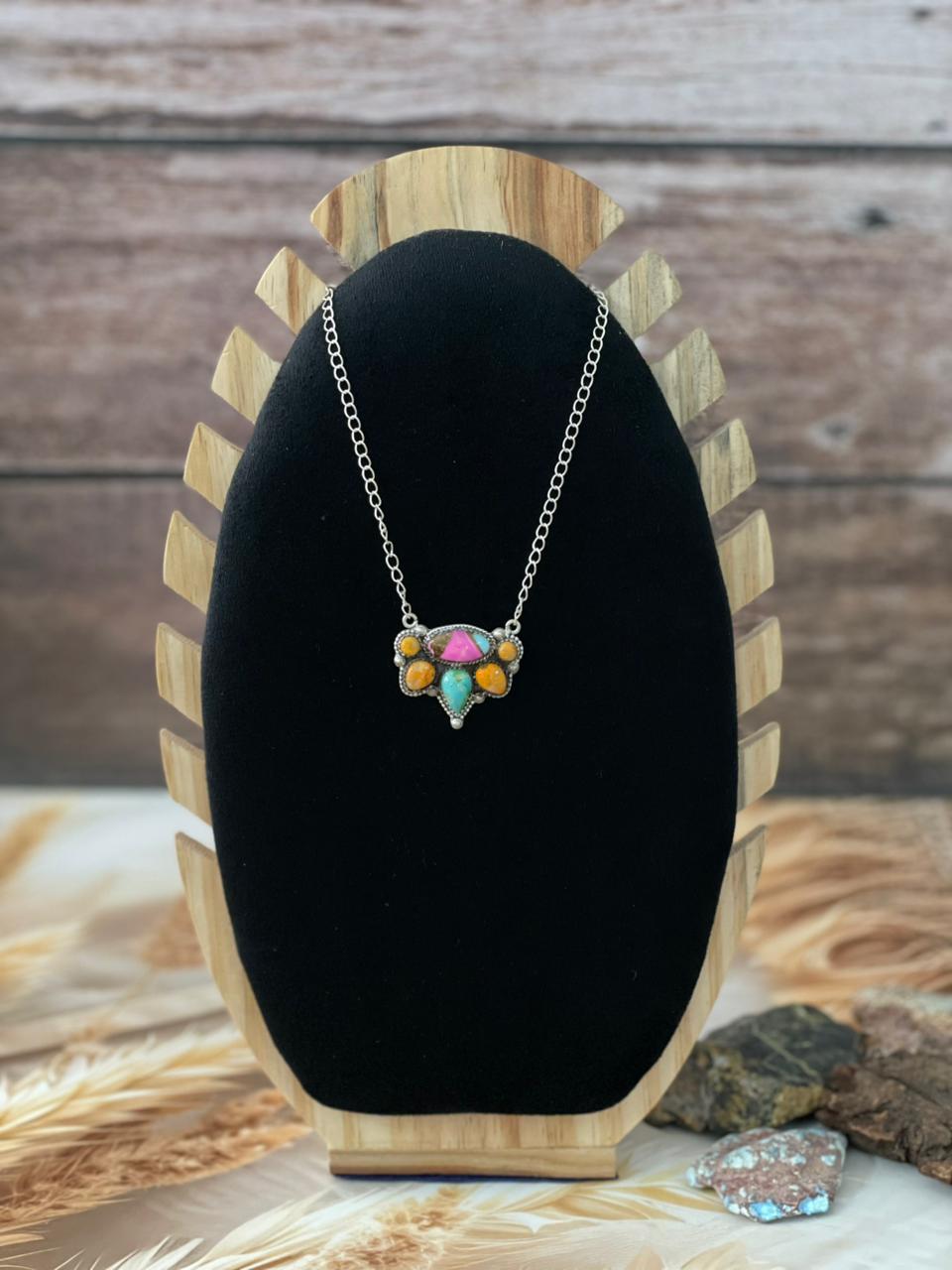 Handmade Sterling Silver Spring Collection: Bumblebee with Cotton Candy & Sonoran Mountain Turquoise Necklace "Signed Nizhoni"