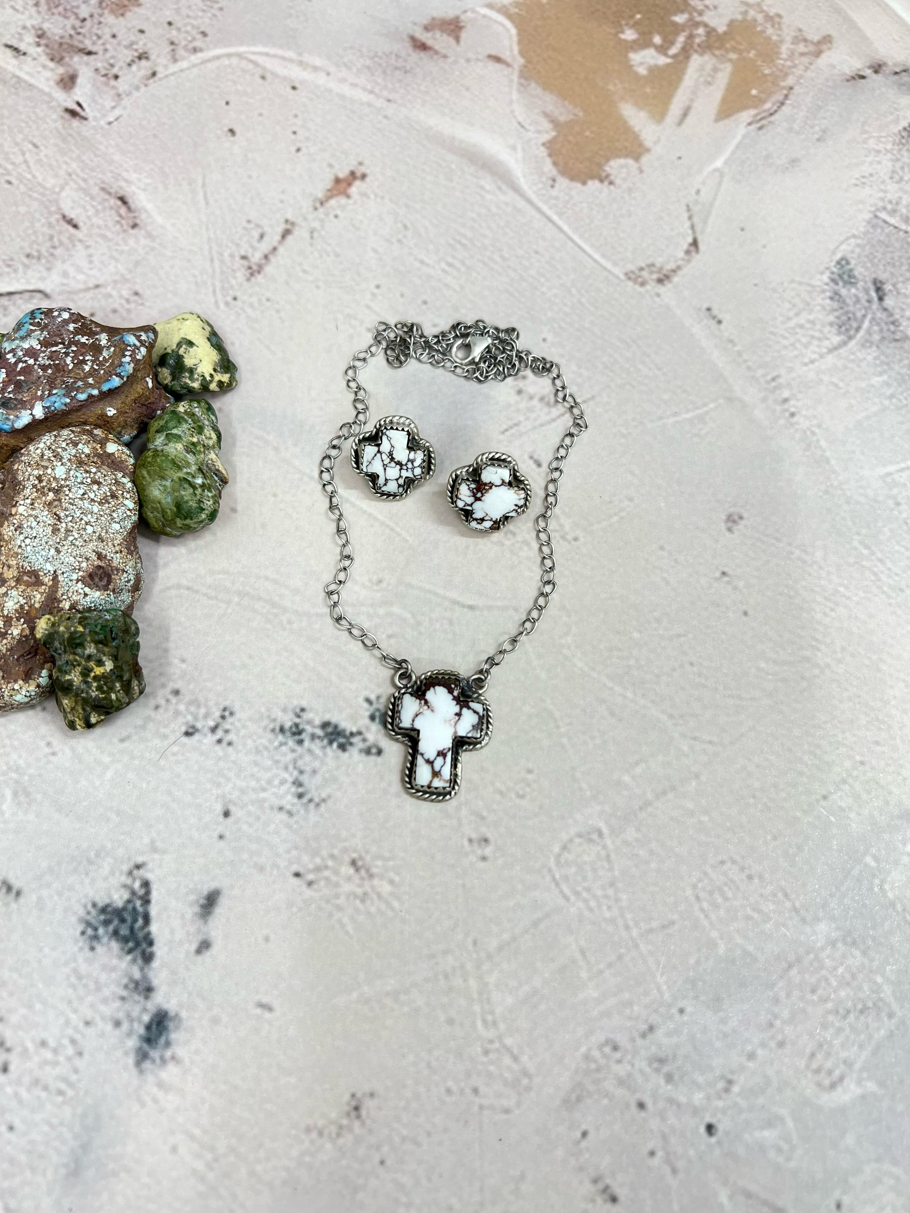 Handmade Sterling Silver Wild Horse Cross Necklace Earrings Set with Signed Nizhoni