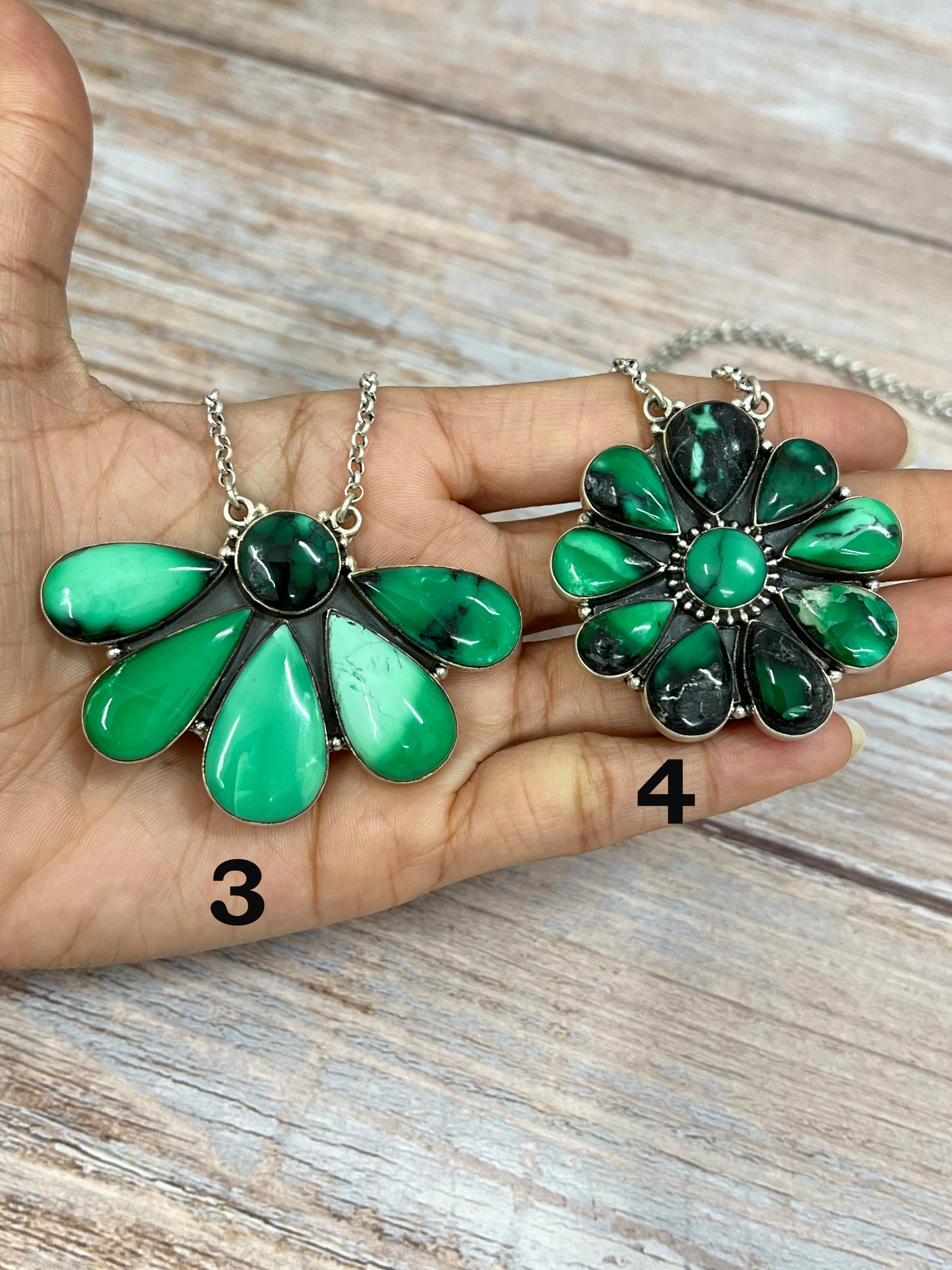 Handmade Sterling Silver Emerald Rose Necklace with Signed Nizhoni