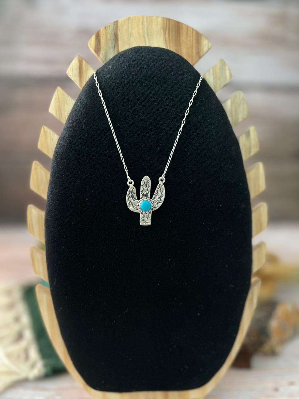 Handmade Sterling Silver Kingman Turquoise Cactus Necklace "Signed Nizhoni"