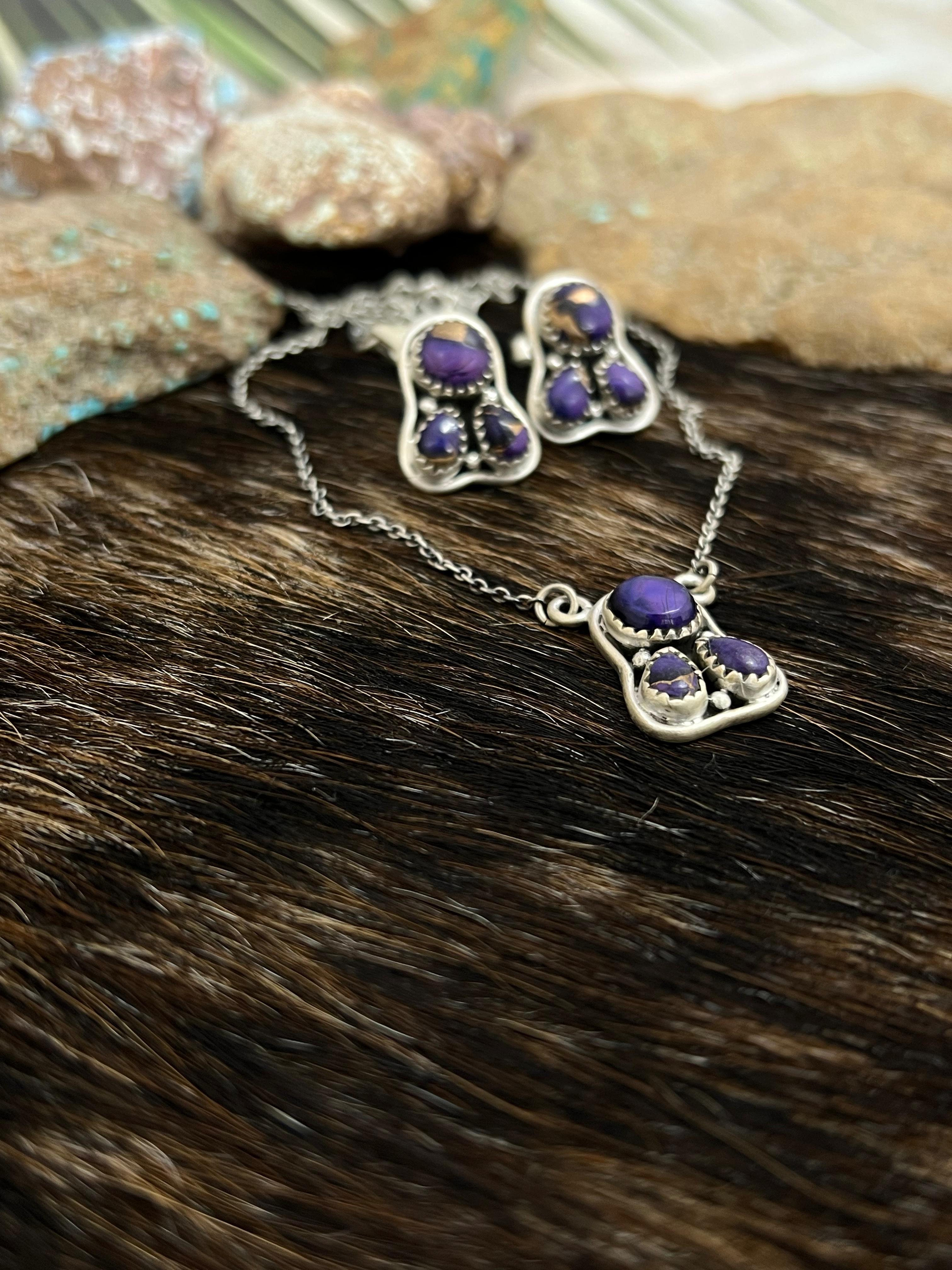 Handmade Sterling Silver Grape Dahlia Necklace Earrings Set, Signed Nizhoni