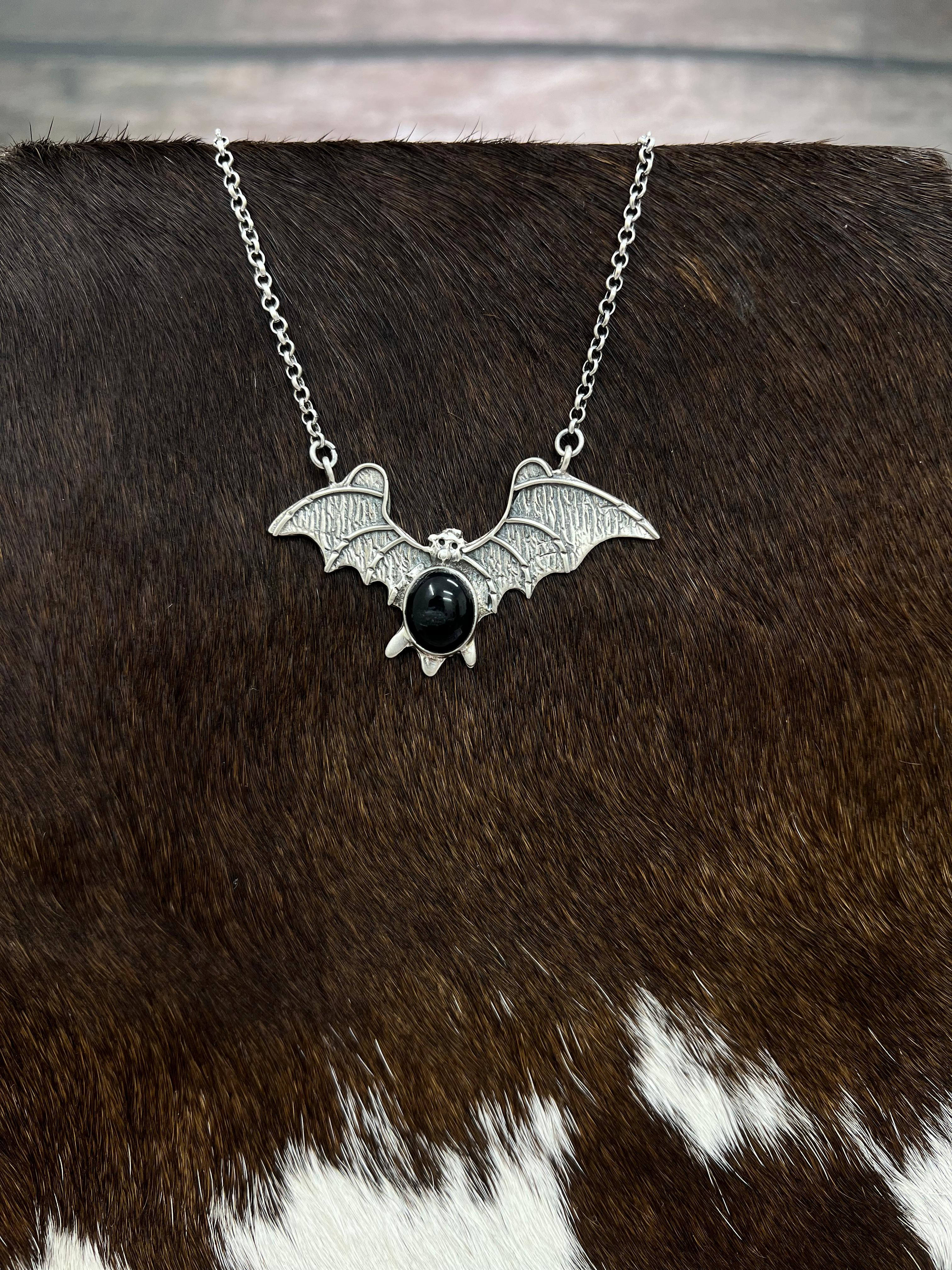 "Halloween Collection" Handmade Sterling Silver Black Onyx Bat Necklace with Signed Nizhoni
