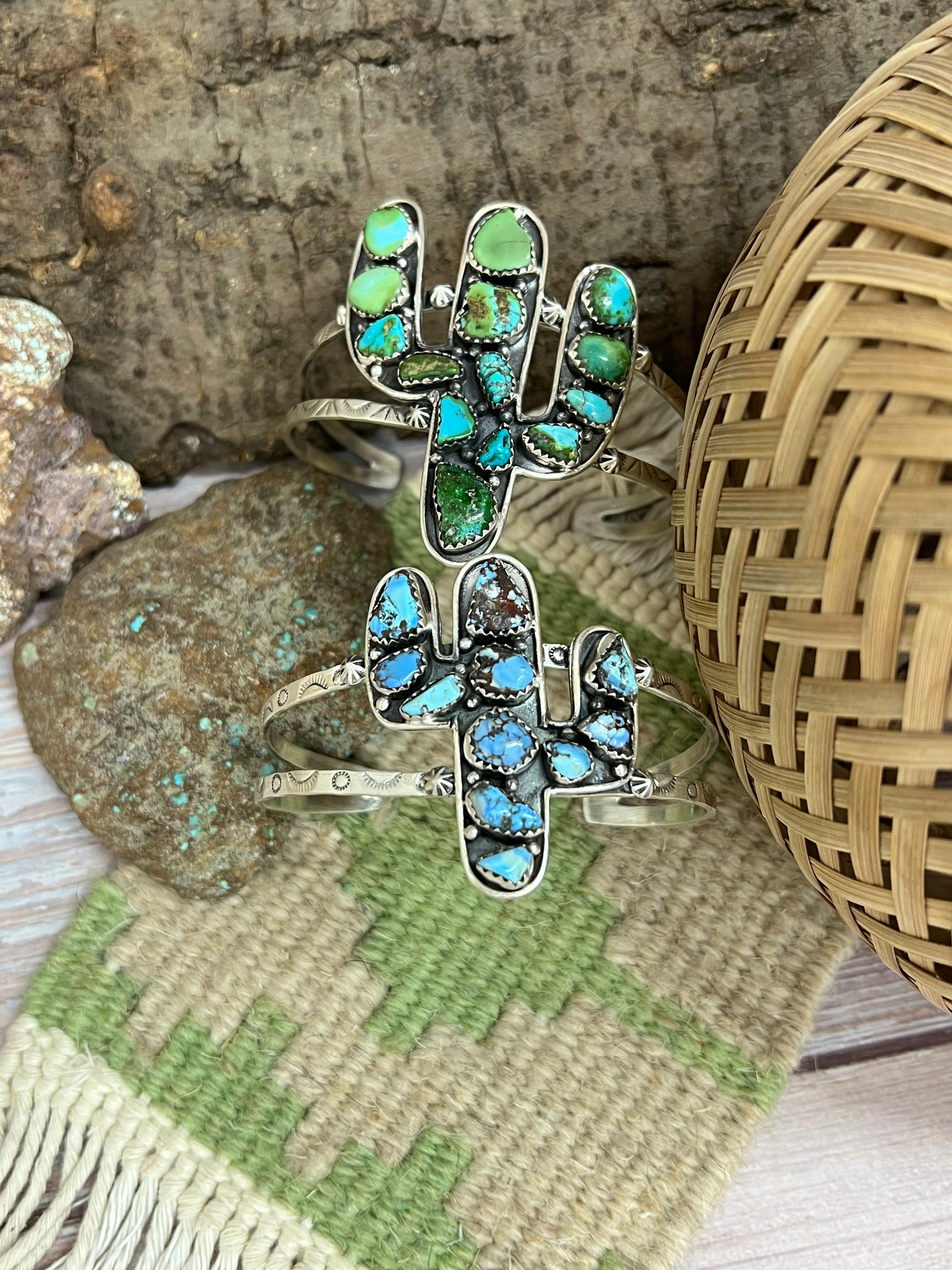 Handmade Sterling Silver Golden Hill, Sonoran Mountain Turquoise Cactus Bracelet with Signed Nizhoni /