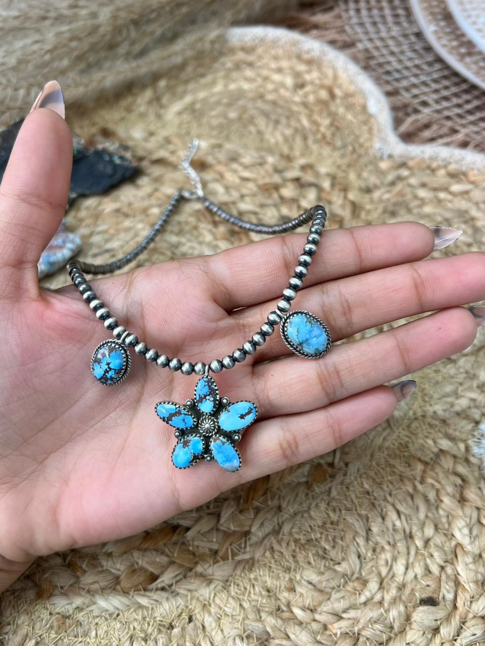 Handmade Sterling Silver Golden Hills Turquoise Beaded Necklace "Signed Nizhoni"