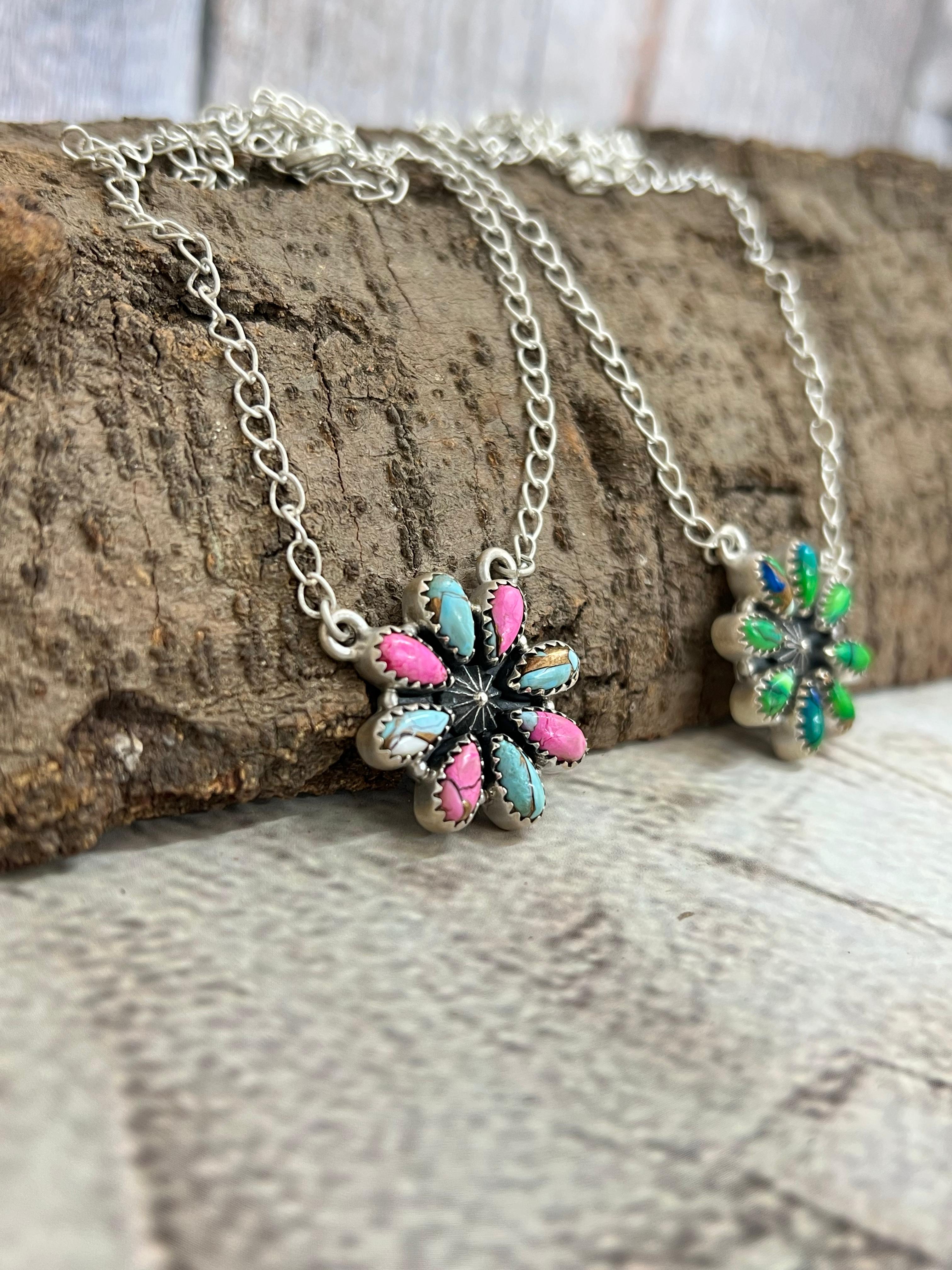 Handmade Sterling Silver Peacock Dahlia, Cotton Candy Turquoise Necklace with Signed Nizhoni