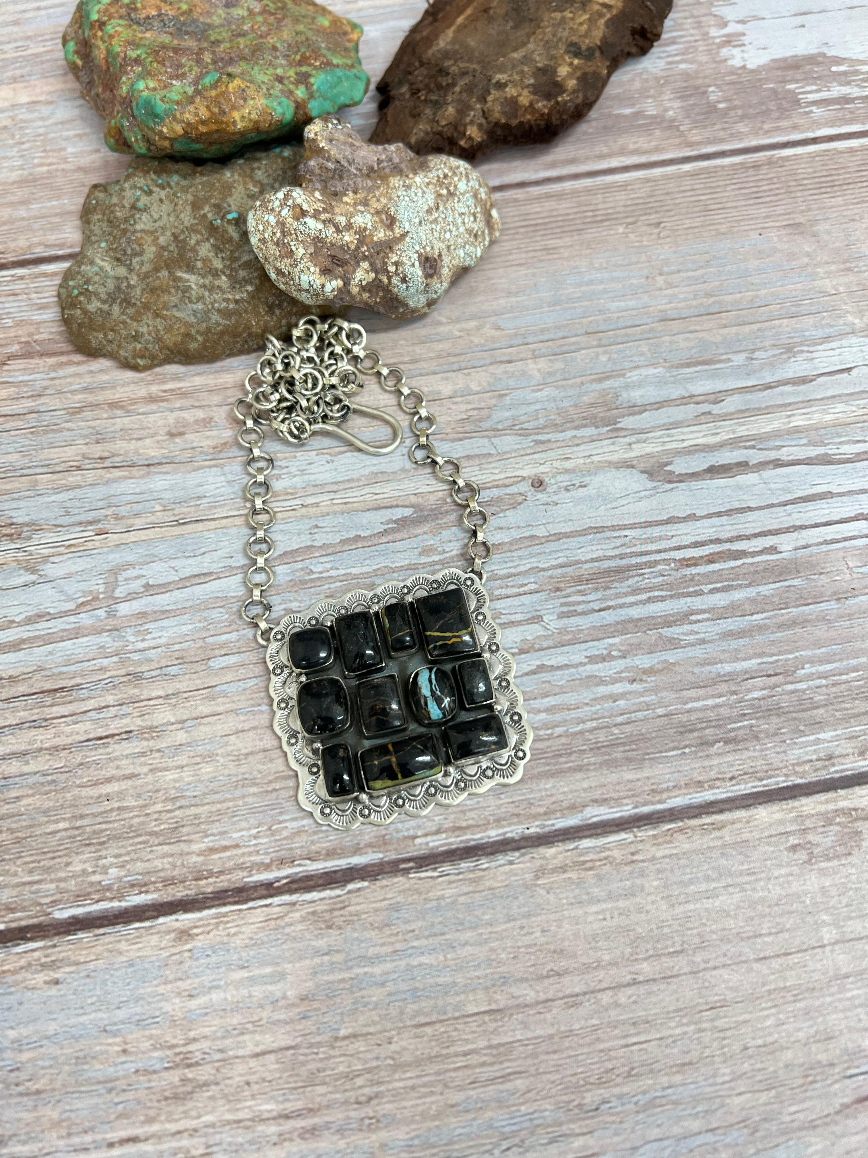 Handmade Sterling Silver Blackjack Turquoise Necklace with Signed Nizhoni