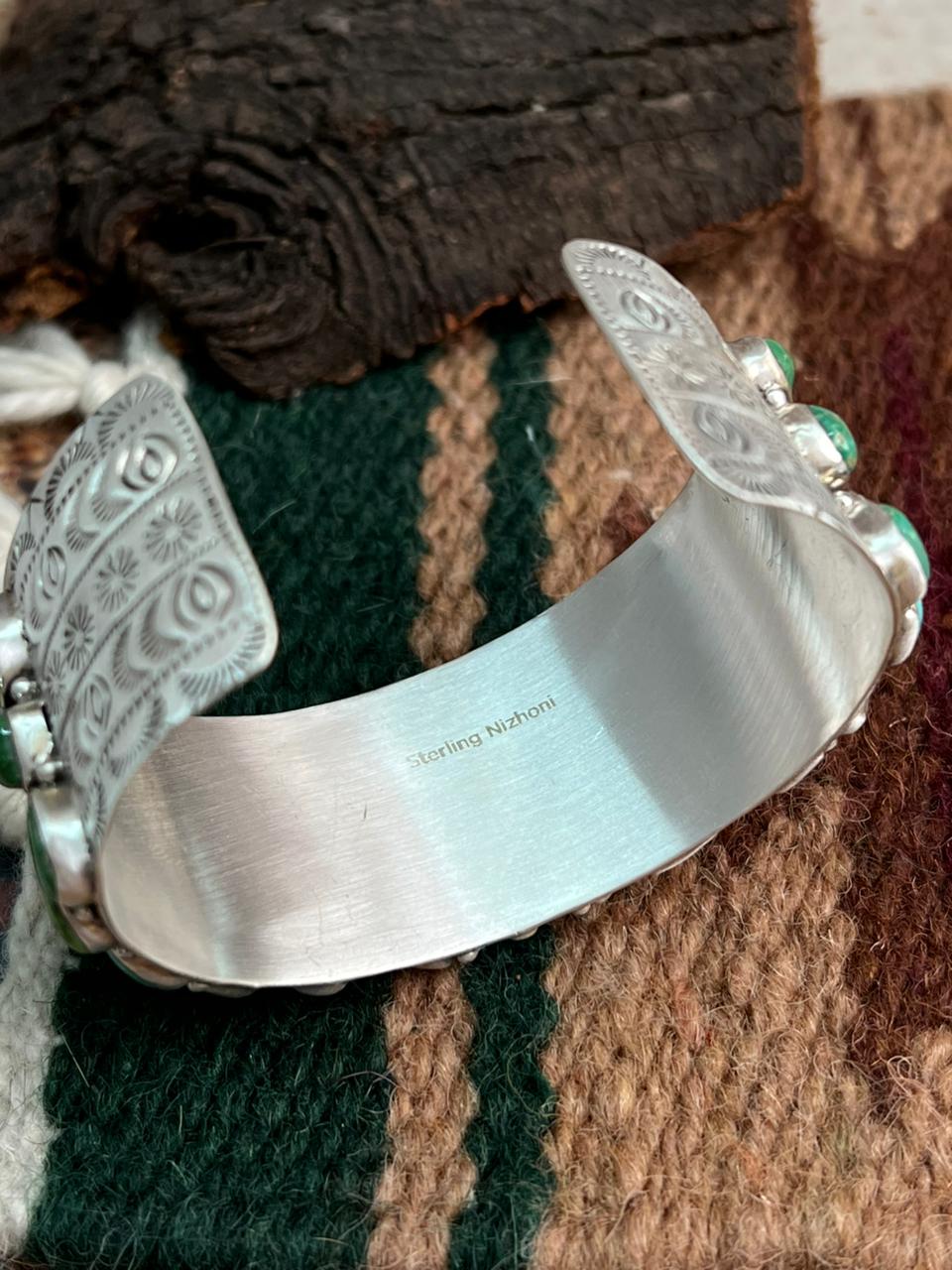 Handmade Sterling Silver Dahlia Rose with Emerald Valley Turquoise Cuff Bracelet "Signed Nizhoni"